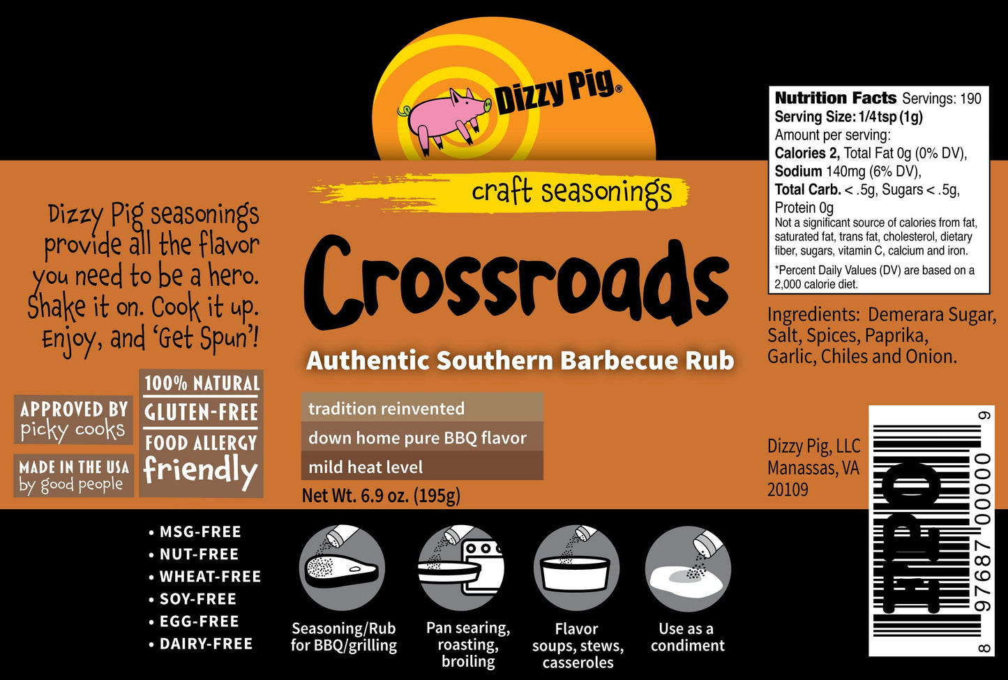 Dizzy Pig Crossroads Authentic Southern Barbecue Seasoning Rub (8oz Shaker) - Seasons 30+lbs of Food - Hand Made in the USA - MSG Free, Gluten Free