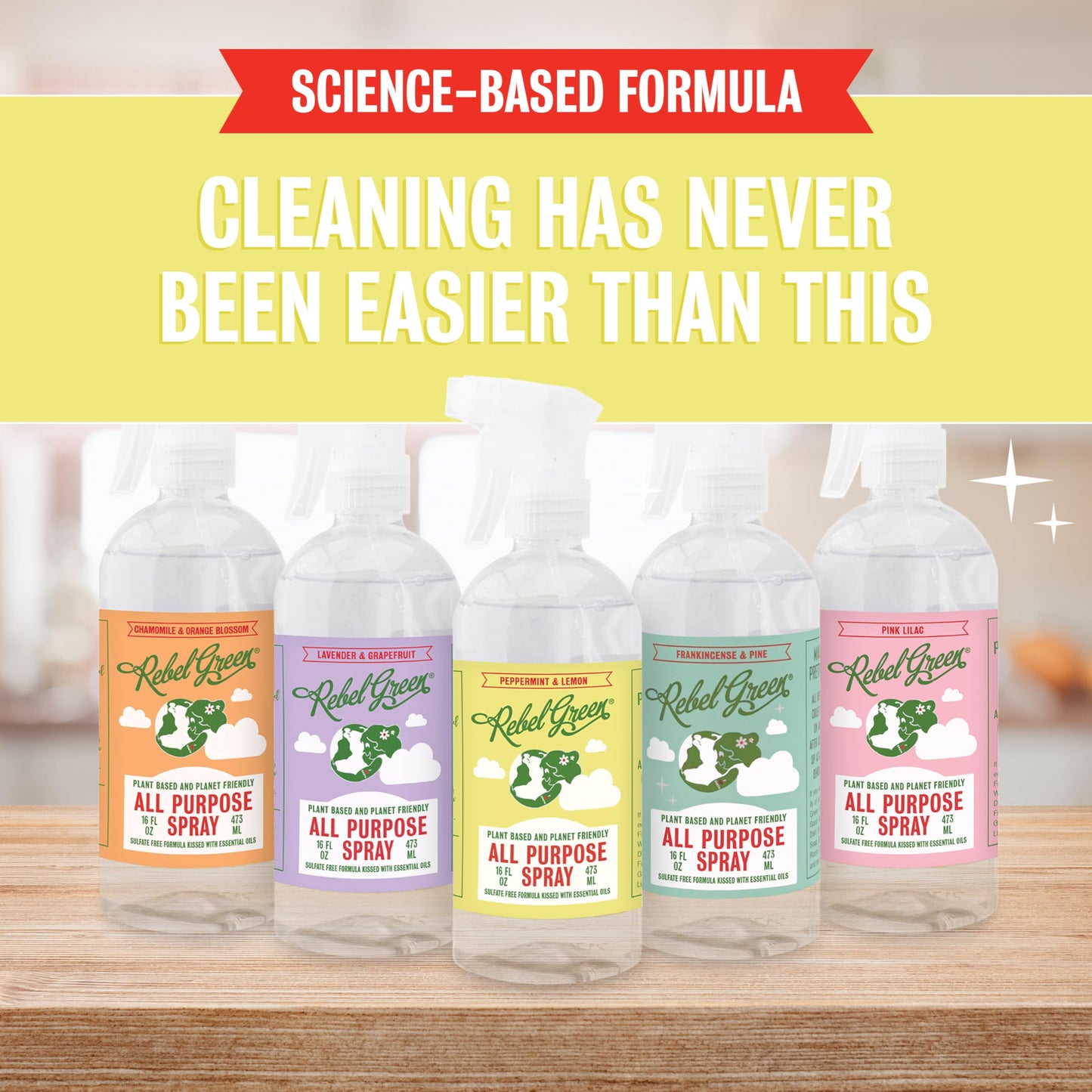 Rebel Green Natural All-Purpose Cleaning Spray - Plant-Derived Multi-Surface Cleaner with Essential Oils for Kitchen, Bath, Countertops and More