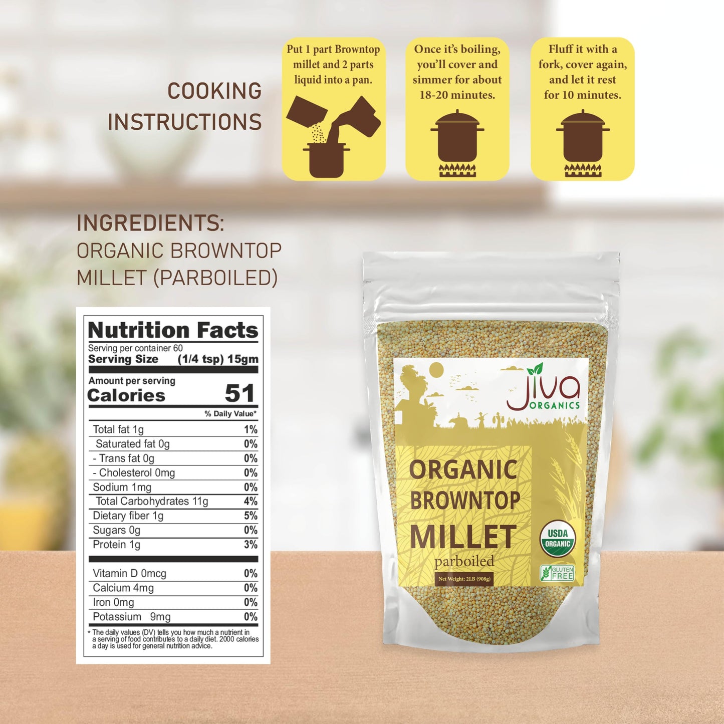 Jiva Organics Browntop Millet 2 LB Bag | Whole Grain, Gluten-Free & Organic | Protein & Fiber-Rich Superfood for Healthy Indian Cooking