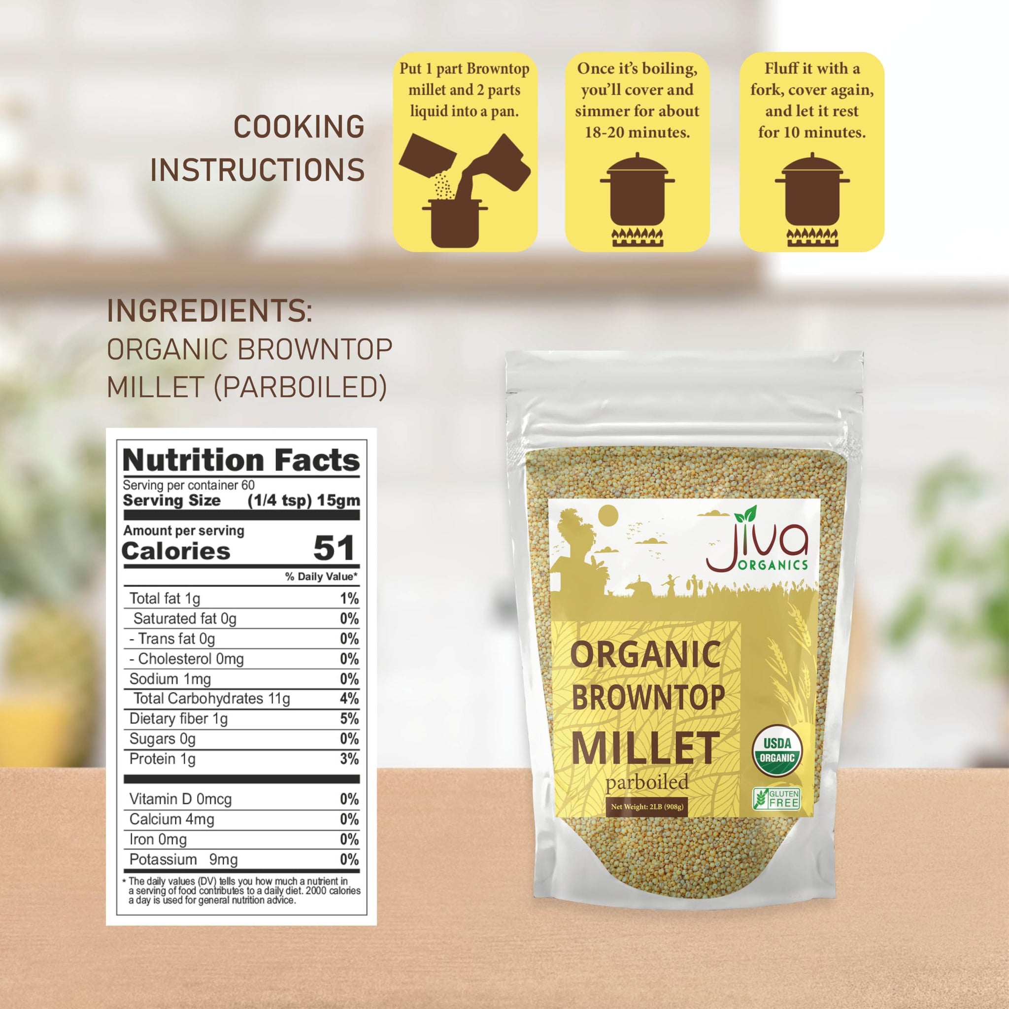 Jiva Organics Browntop Millet 2 LB Bag | Whole Grain, Gluten-Free & Organic | Protein & Fiber-Rich Superfood for Healthy Indian Cooking