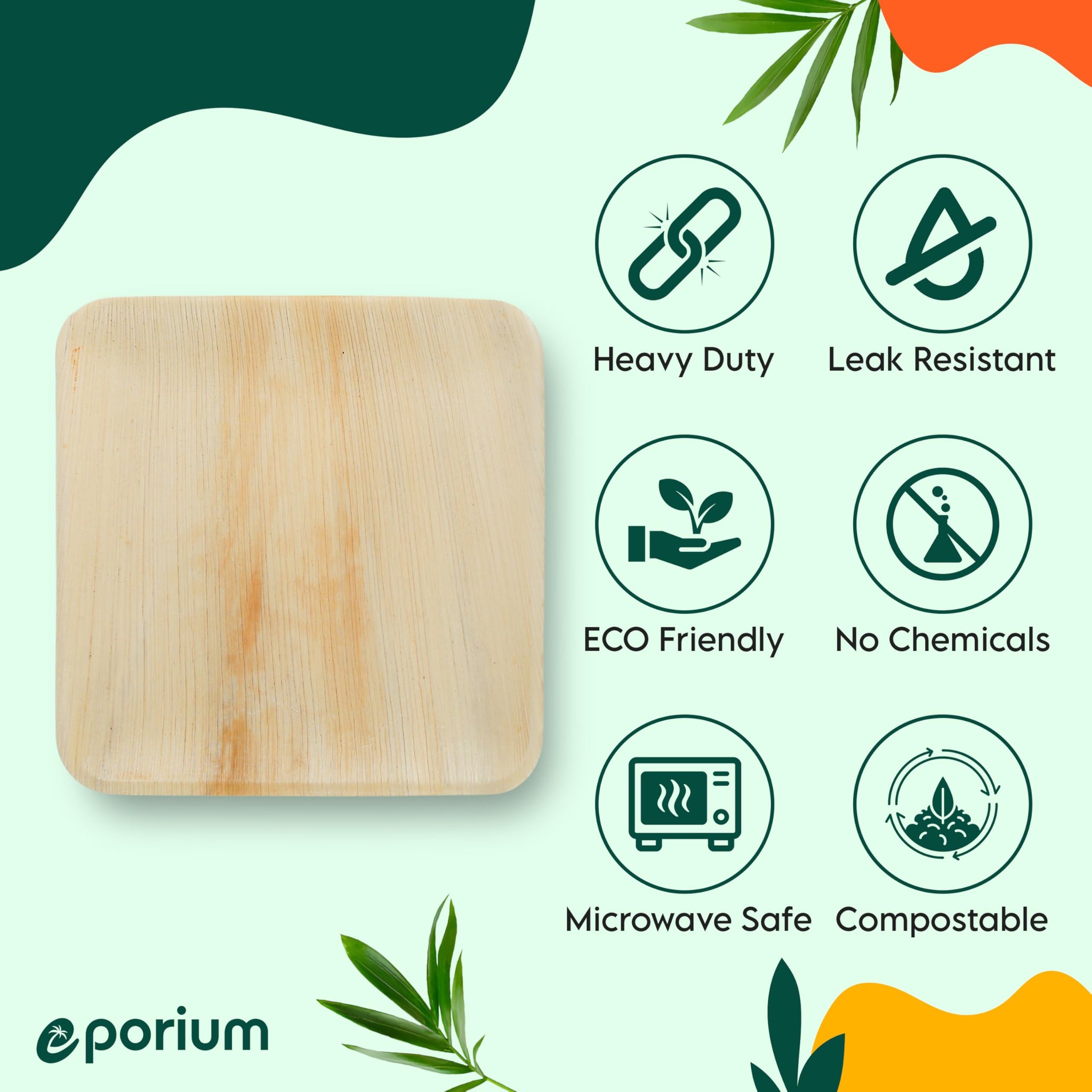 EPORIUM 8 Inch Square Palm Leaf Plates (50-Pack) I Compostable Disposable Dinnerware | Premium Quality I Eco-Friendly Plates Sustainable Heavy Duty