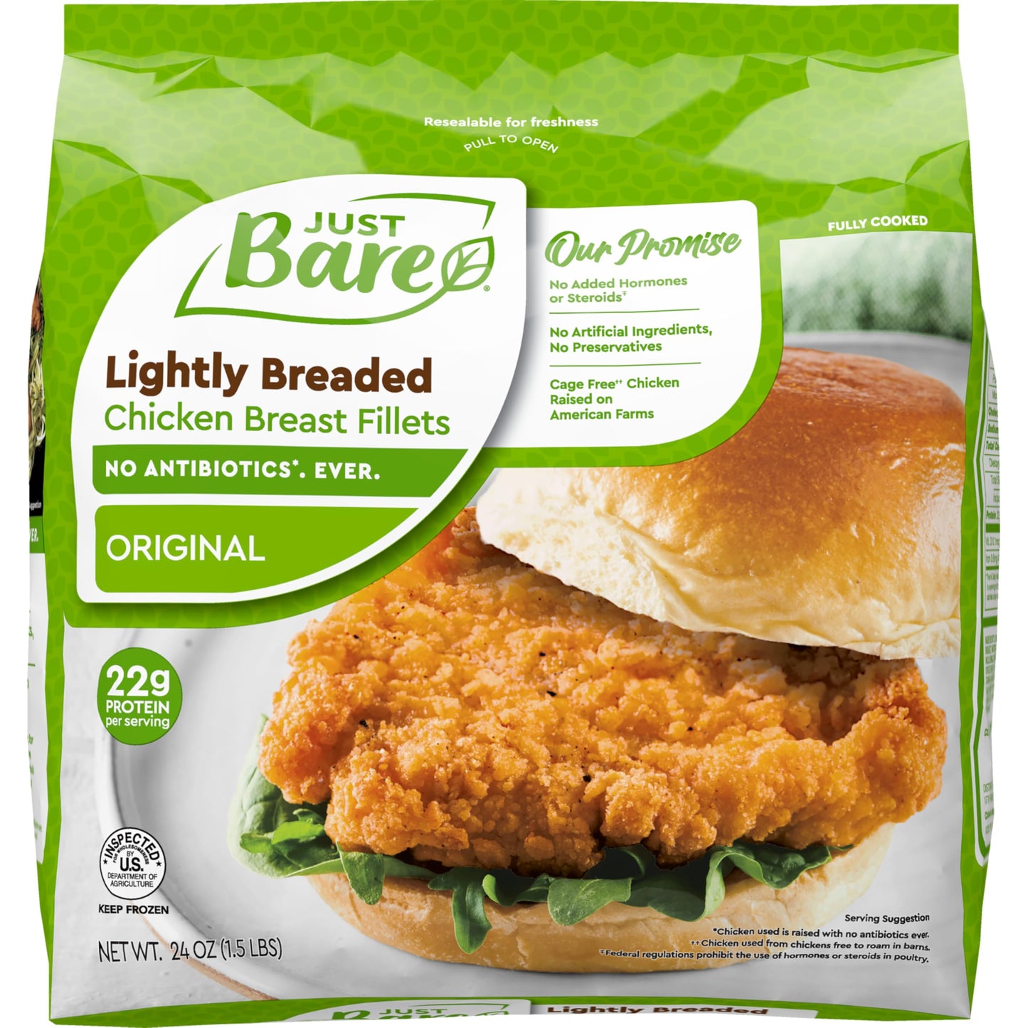Just Bare® Chicken Lightly Breaded Chicken Breast Fillets| Fully Cooked | 16 G Protein | Frozen | 1.5 LB