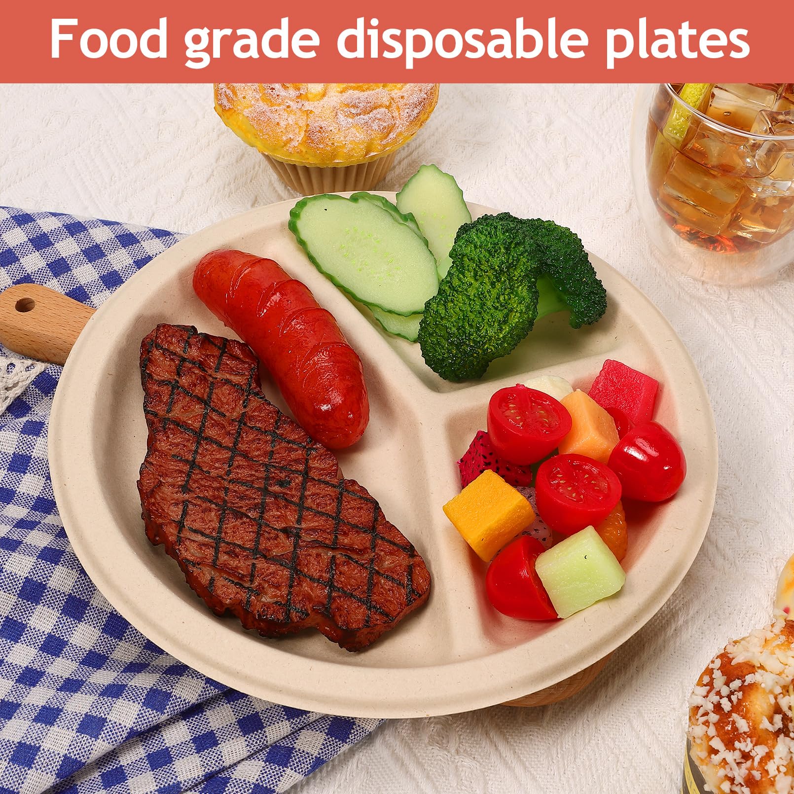 Extrapins 125 Pack 3 Compartment Paper Plates,Compostable Plates,Disposable Paper Plate,9 Inch Heavy Duty Biodegradable Plate for Daily Meals,Food