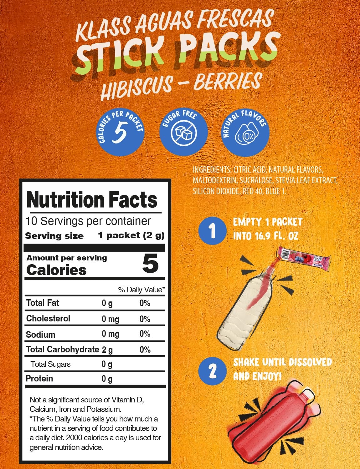 Klass Aguas Frescas, Powdered Drink Mix, 40 Singles Zero Sugar & Caffeine-Free Powder Packets, Water Drink Mix, Flavor: Hibiscus Berries - 5 Calories