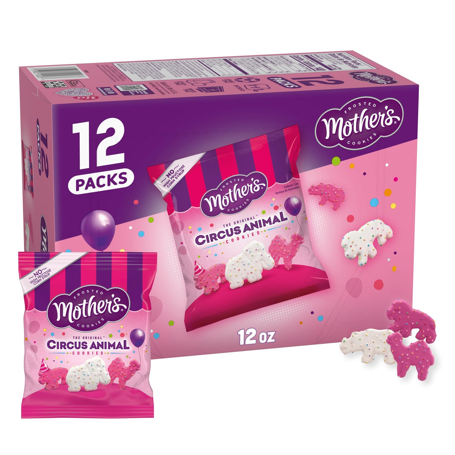Mother's Original Circus Animal Cookies | Frosted Vanilla Shortbread Cookies with Rainbow Sprinkles | Box of Cookie Snack Packs | 12 Count - 1-oz