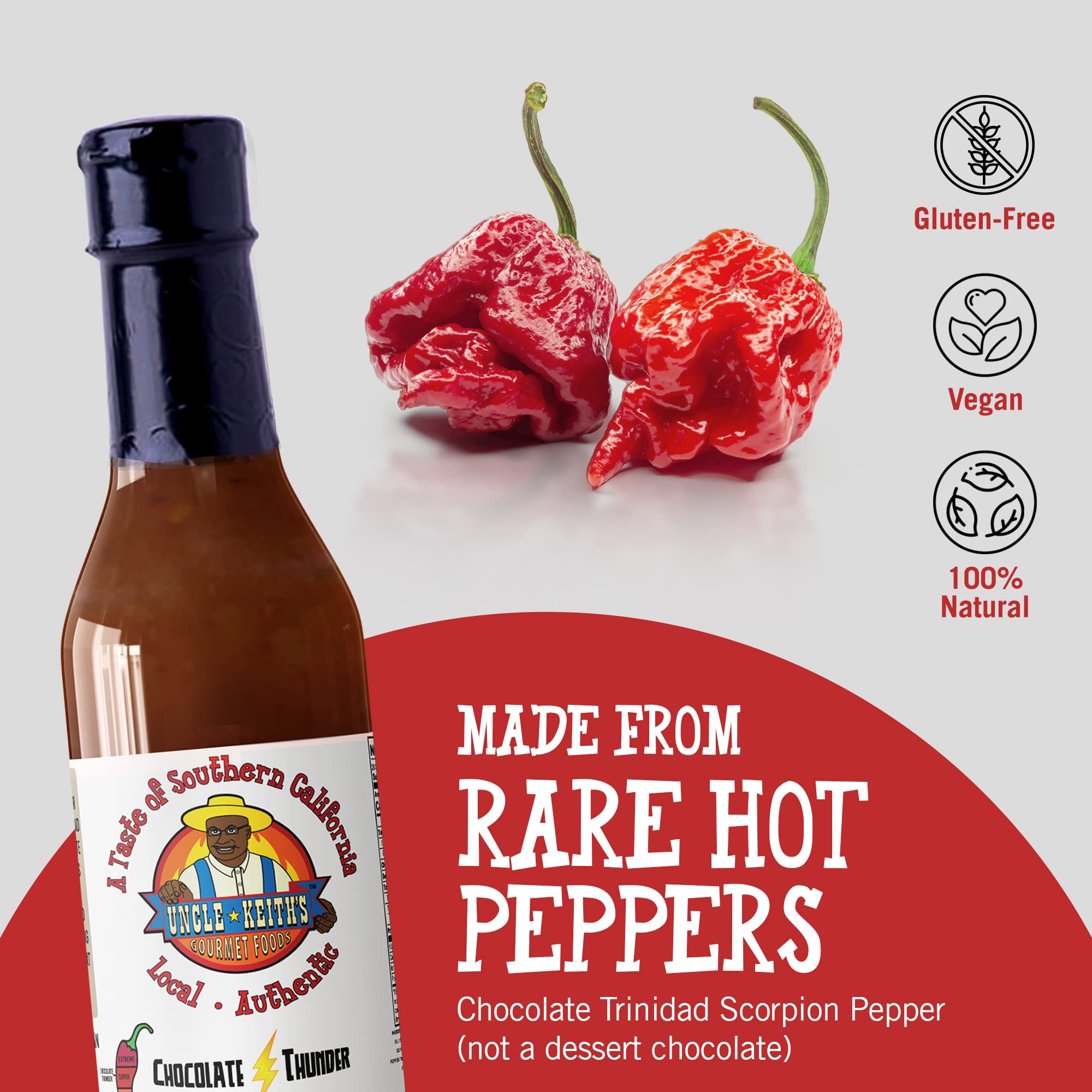 Uncle Keith’s - Chocolate Thunder Gourmet Chili Hot Sauce, Chocolate Trinidad Scorpion Hot Peppers, 1.2 Scoville Units of Super Hot Sauce, Exotic