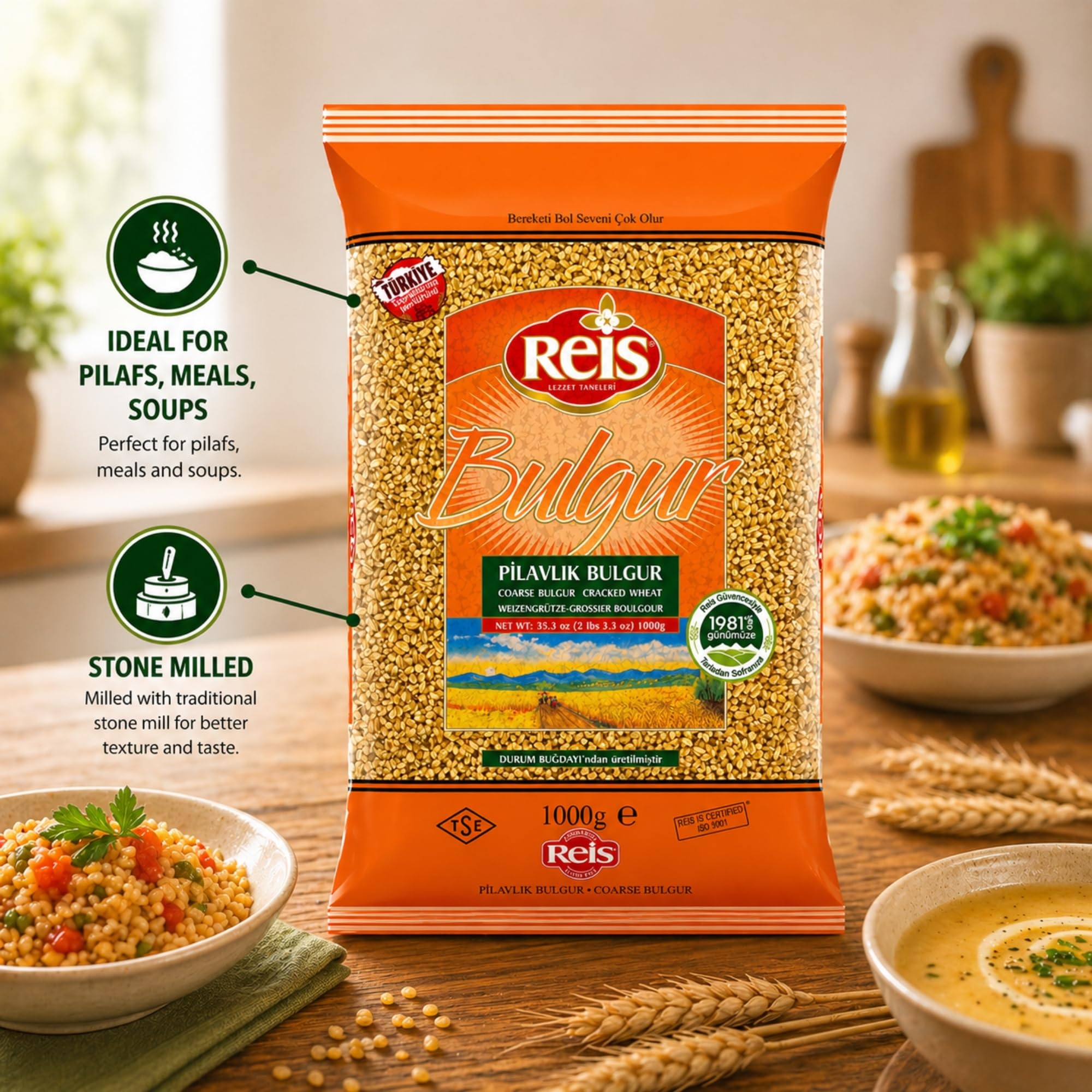 Reis Coarse Bulgur, Wheat Berries, Bulgur Wheat for Pilafs, Meals & Soups, Healthy Pantry Staples, Turkish Grocery Foods, High Fiber & Protein Cereal, Whole Grain Bag, Vegan, Halal, 2.2 Lbs (1000g)