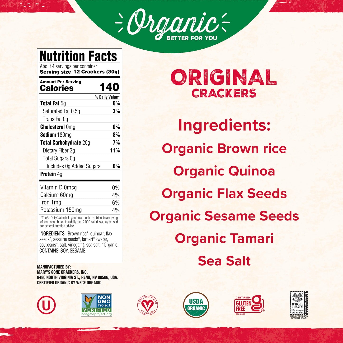 Mary's Gone Crackers Organic Original Crackers - Gluten-Free, NON-GMO, Vegan & Whole Grain, 4 Ounce (Pack of 1)
