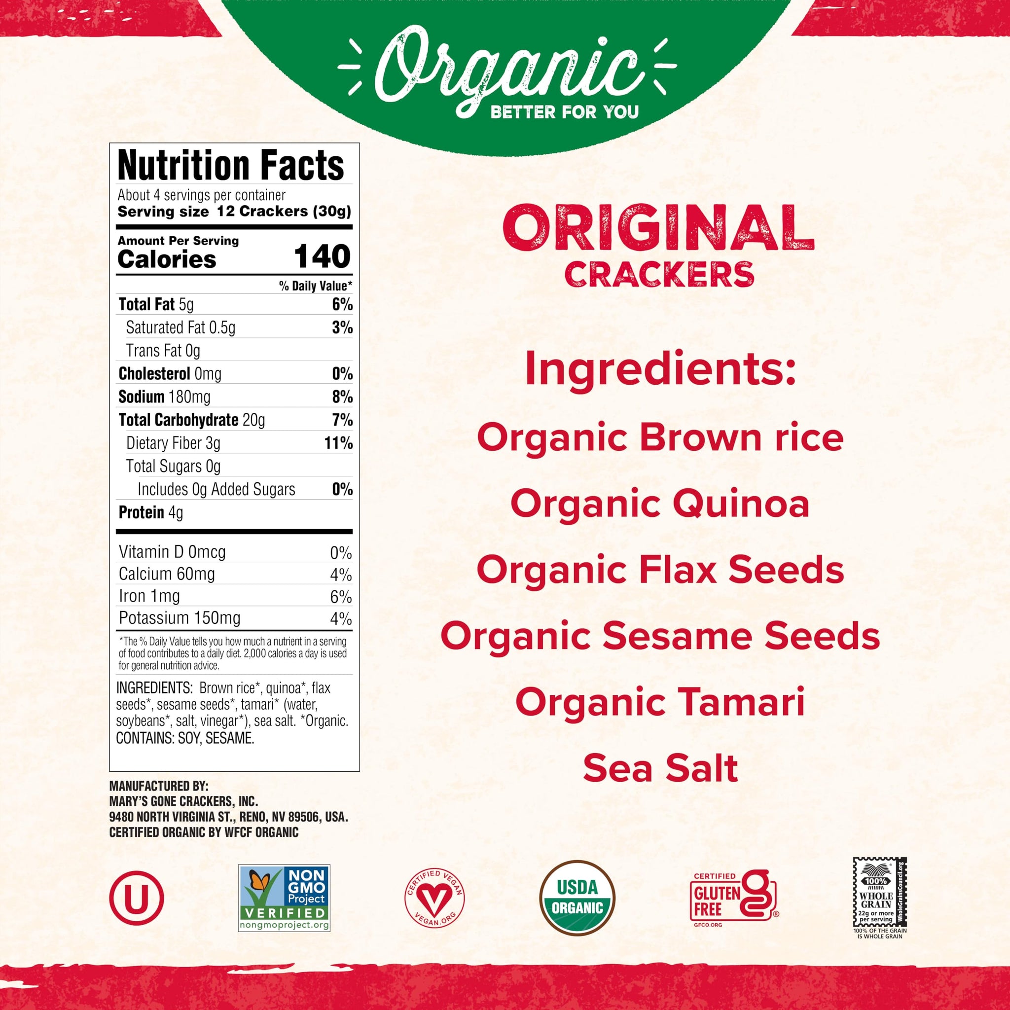 Mary's Gone Crackers Organic Original Crackers - Gluten-Free, NON-GMO, Vegan & Whole Grain, 4 Ounce (Pack of 1)