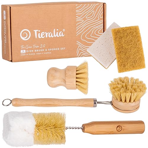Tieralia Bamboo Dish Brush Set 5 Piece - Eco Friendly Kitchen Cleaning Kit with Bottle Brush, Long Dish Brush, Palm Scrubber & 2 Plant-Based Sponges |