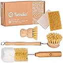 Tieralia Bamboo Dish Brush Set 5 Piece - Eco Friendly Kitchen Cleaning Kit with Bottle Brush, Long Dish Brush, Palm Scrubber & 2 Plant-Based Sponges |