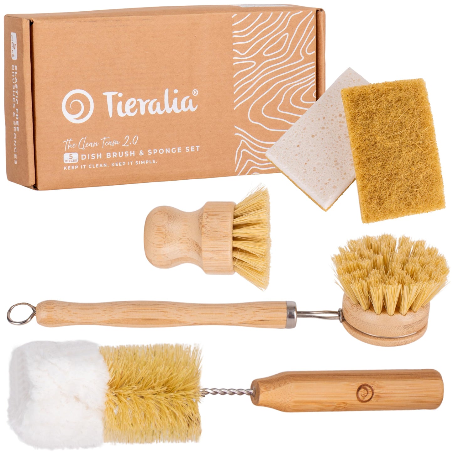 Tieralia Bamboo Dish Brush Set 5 Piece - Eco Friendly Kitchen Cleaning Kit with Bottle Brush, Long Dish Brush, Palm Scrubber & 2 Plant-Based Sponges |