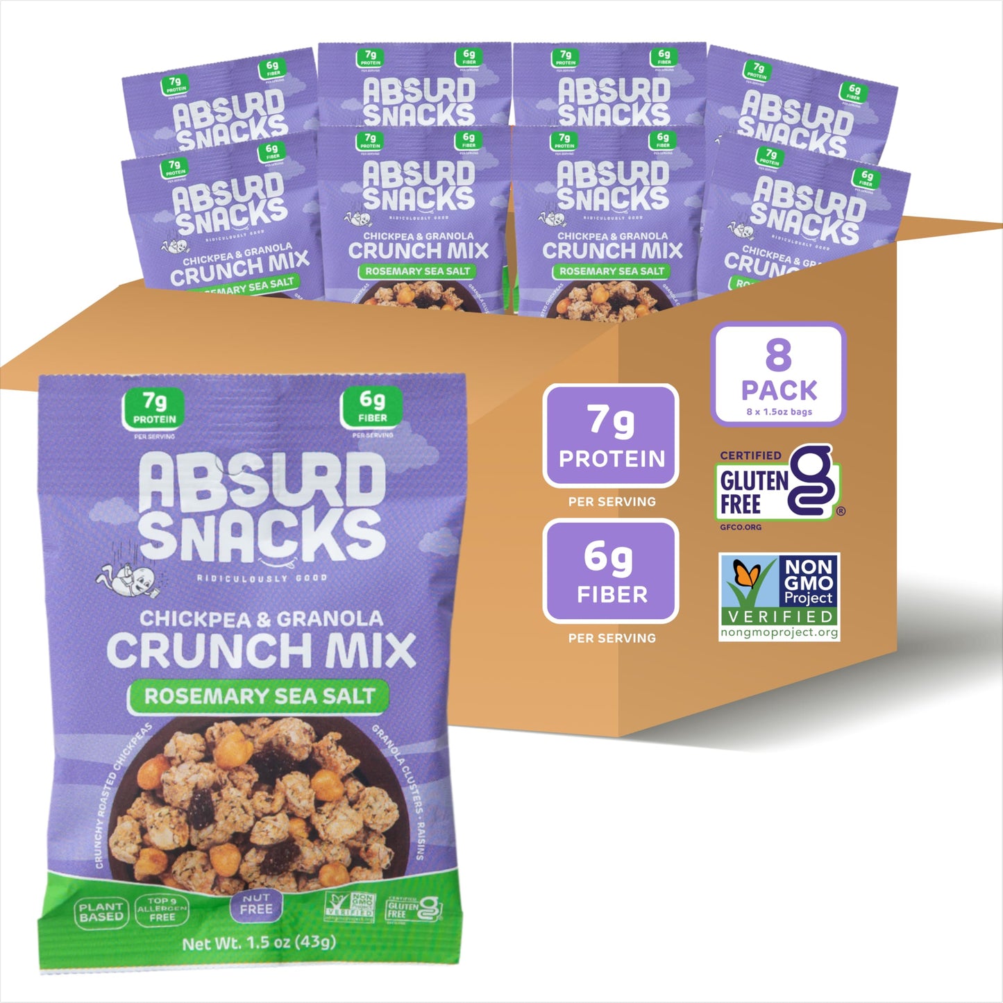 Absurd Snacks Chickpea & Granola Crunch Mix, Nut-Free, Gluten-Free, Plant-Based Snack, Good Source of Protein & Fiber 1.5 Ounce (Pack of 8), Rosemary