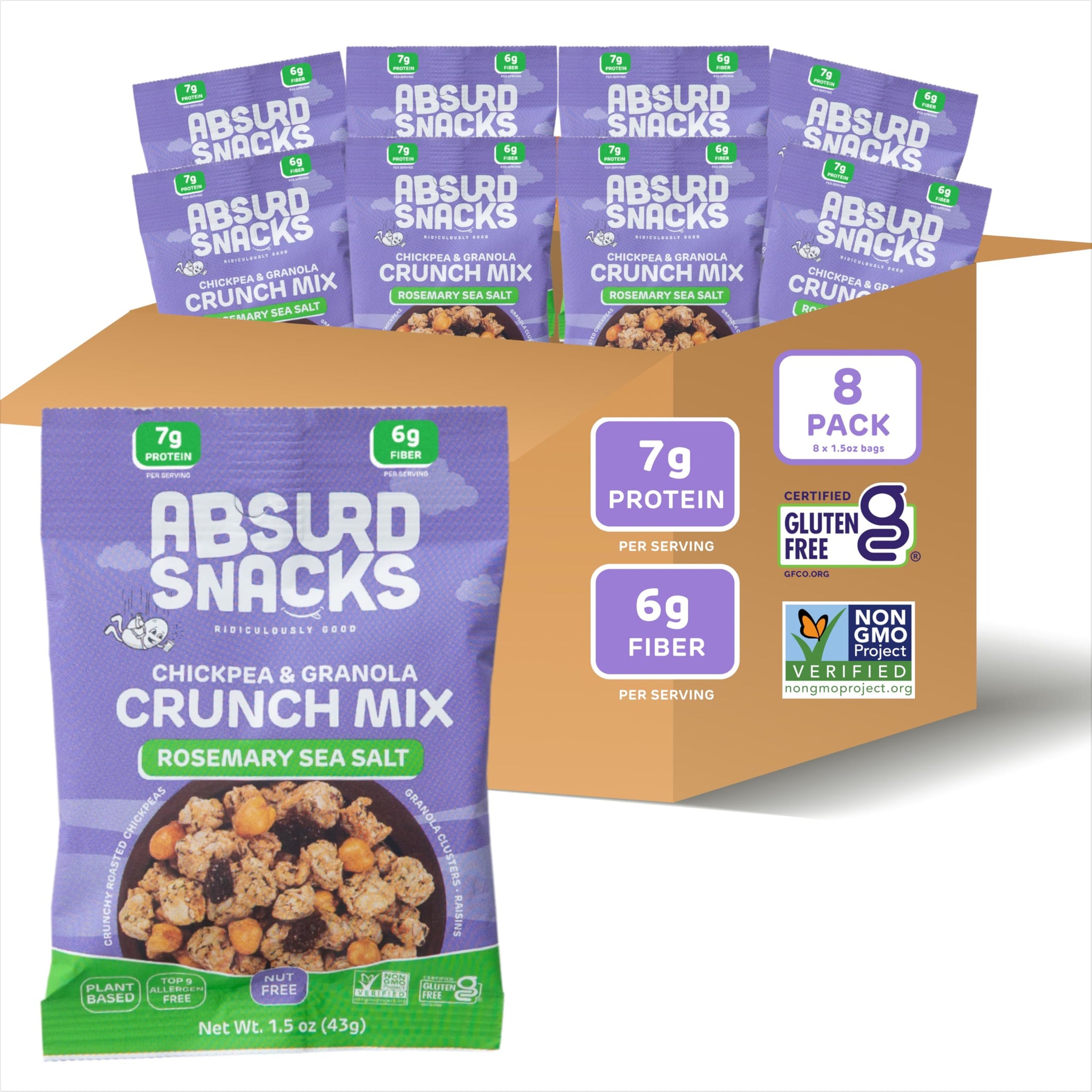Absurd Snacks Chickpea & Granola Crunch Mix, Nut-Free, Gluten-Free, Plant-Based Snack, Good Source of Protein & Fiber 1.5 Ounce (Pack of 8), Rosemary