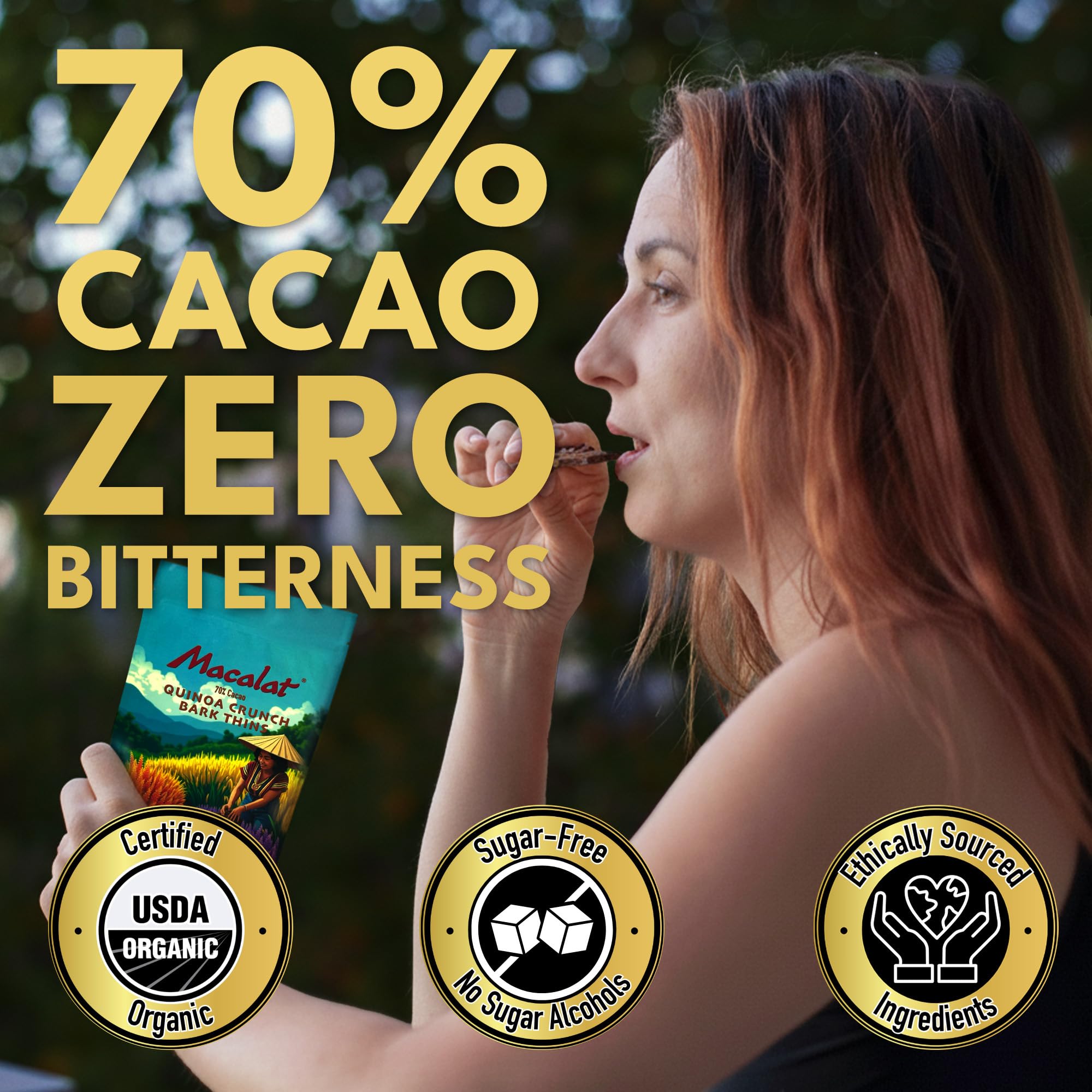 Macalat Quinoa Chocolate Crunch Thins, Sugar-Free Sweet Dark Chocolate Quinoa Crisps with Allulose and Monk Fruit, Bitter-Free 70% Peruvian Cacao