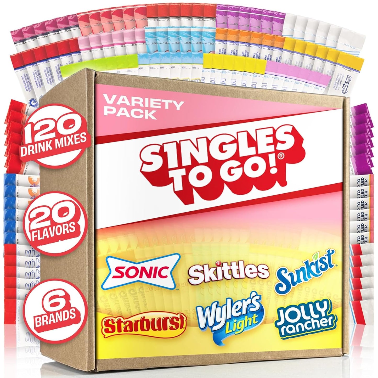 Singles To Go! 120ct Bulk Variety Pack - 20 Different Flavors from Skittles, Sonic, Sunkist, Starburst and More - Sugar Free Drink Mix Packets - Sugar