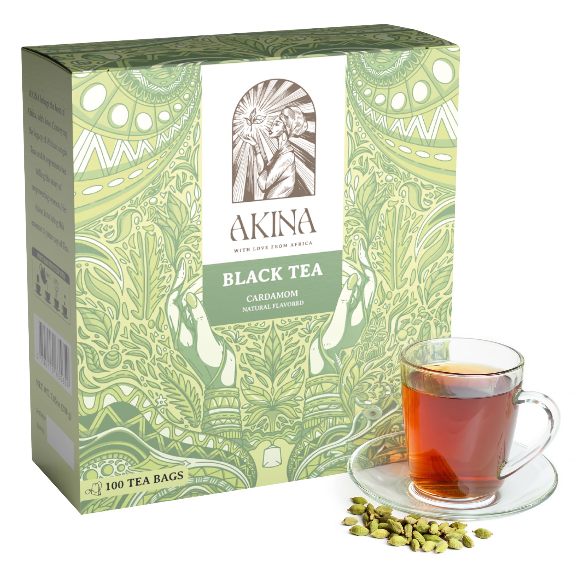 AKINA - Cardamom Flavored Black Tea Bags, Individually Wrapped, Spiced String and Tag Kenyan Cardamom Tea Bags, Warm and Spicy with Invigorating Aroma