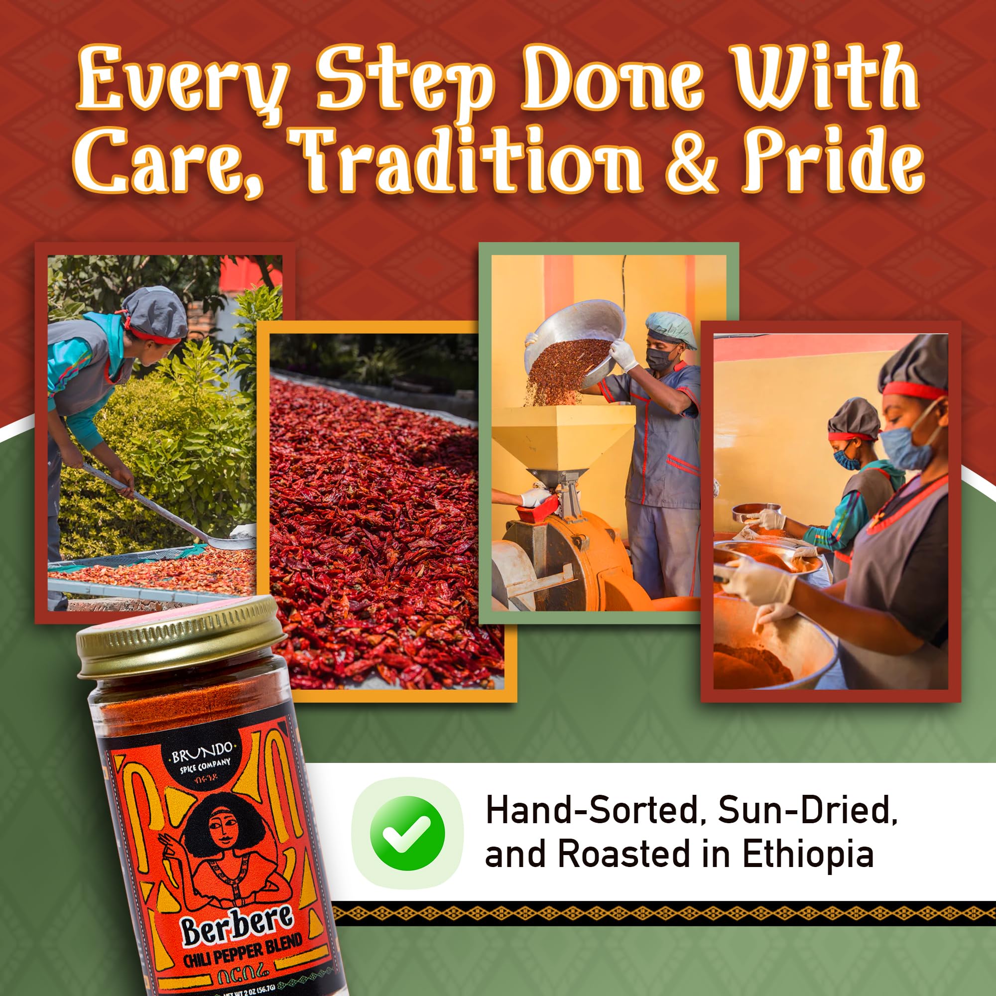 Brundo Spices Imported Ethiopian Berbere Chili Pepper Blend (2 oz) | Authentic Berbere & All Natural East African Seasoning | NON-GMO | No
