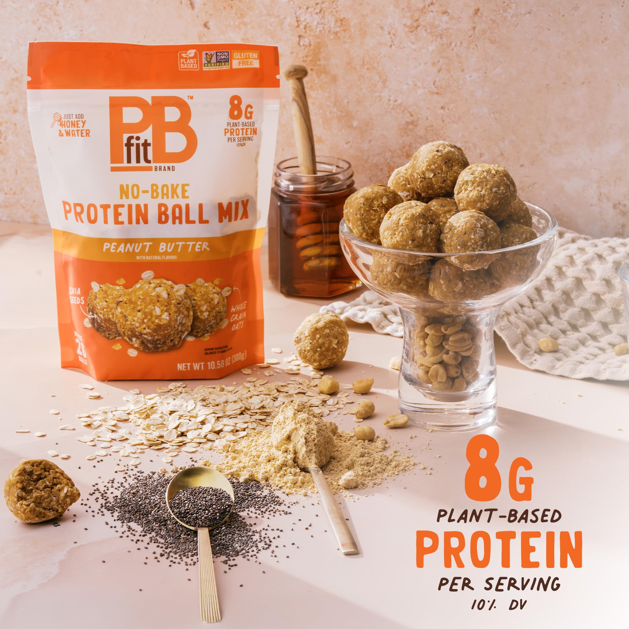 PBfit No Bake Peanut Butter Protein Ball Mix, 8g Protein, Made with Chia Seeds & Whole Grain Oats, Gluten Free, Vegan Snacks, 10.58 Oz Bag