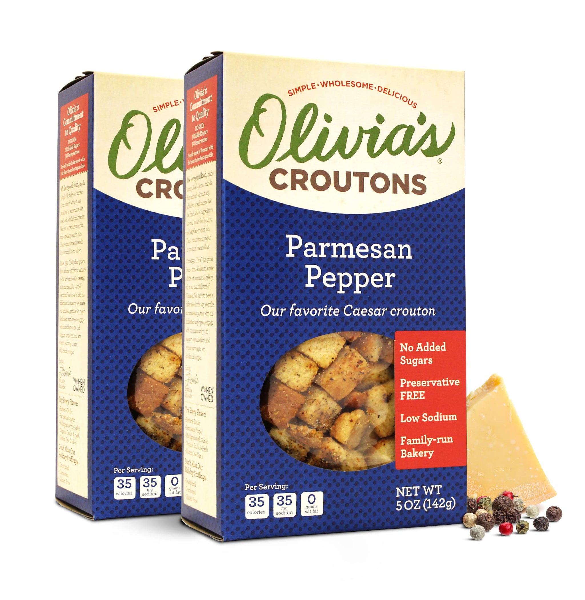 Olivia's Croutons Parmesan Pepper Croutons for Caesar Salad & Soup Topping - Real Parmesan Cheese, Garlic & Virgin Olive Oil - 5 Ounce (Pack of 2)