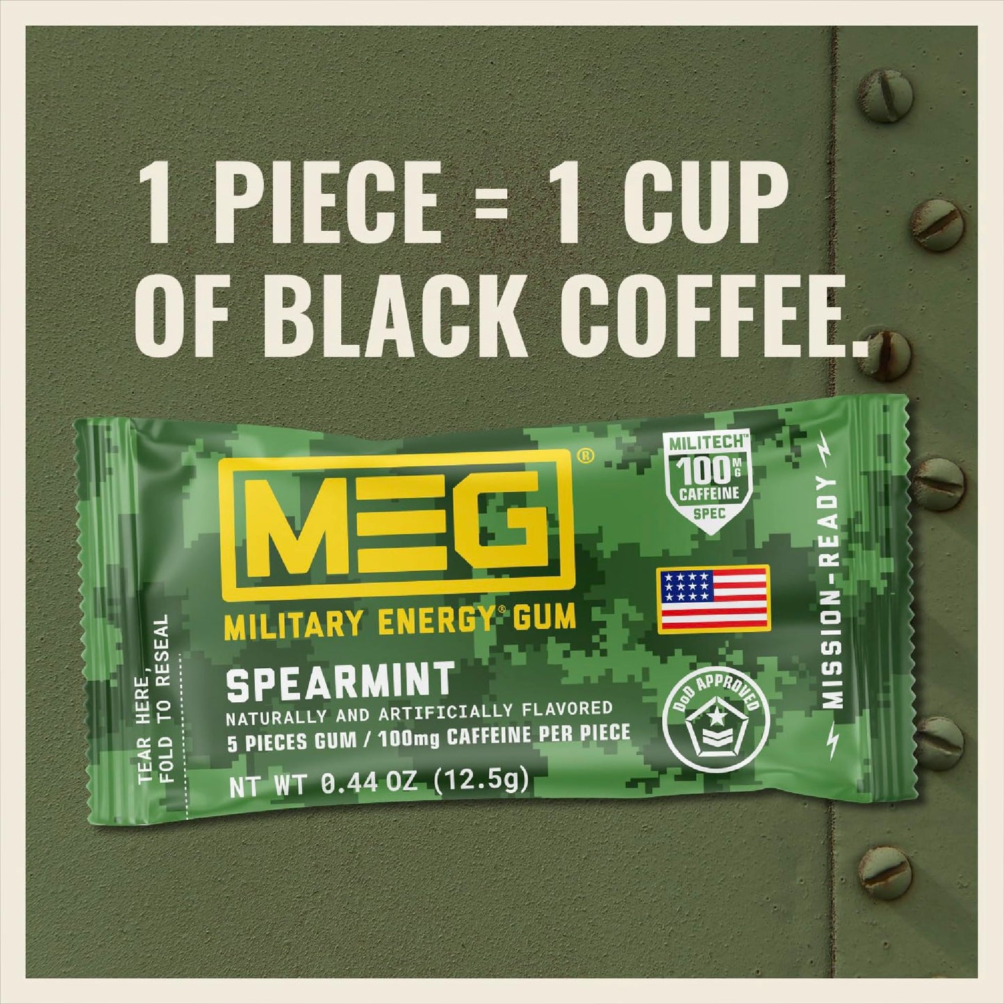 MEG - Military Energy Gum | 100mg of Caffeine Per Piece + Increase Energy + Boost Physical Performance + Multi Flavors of Arctic Mint, Spearmint
