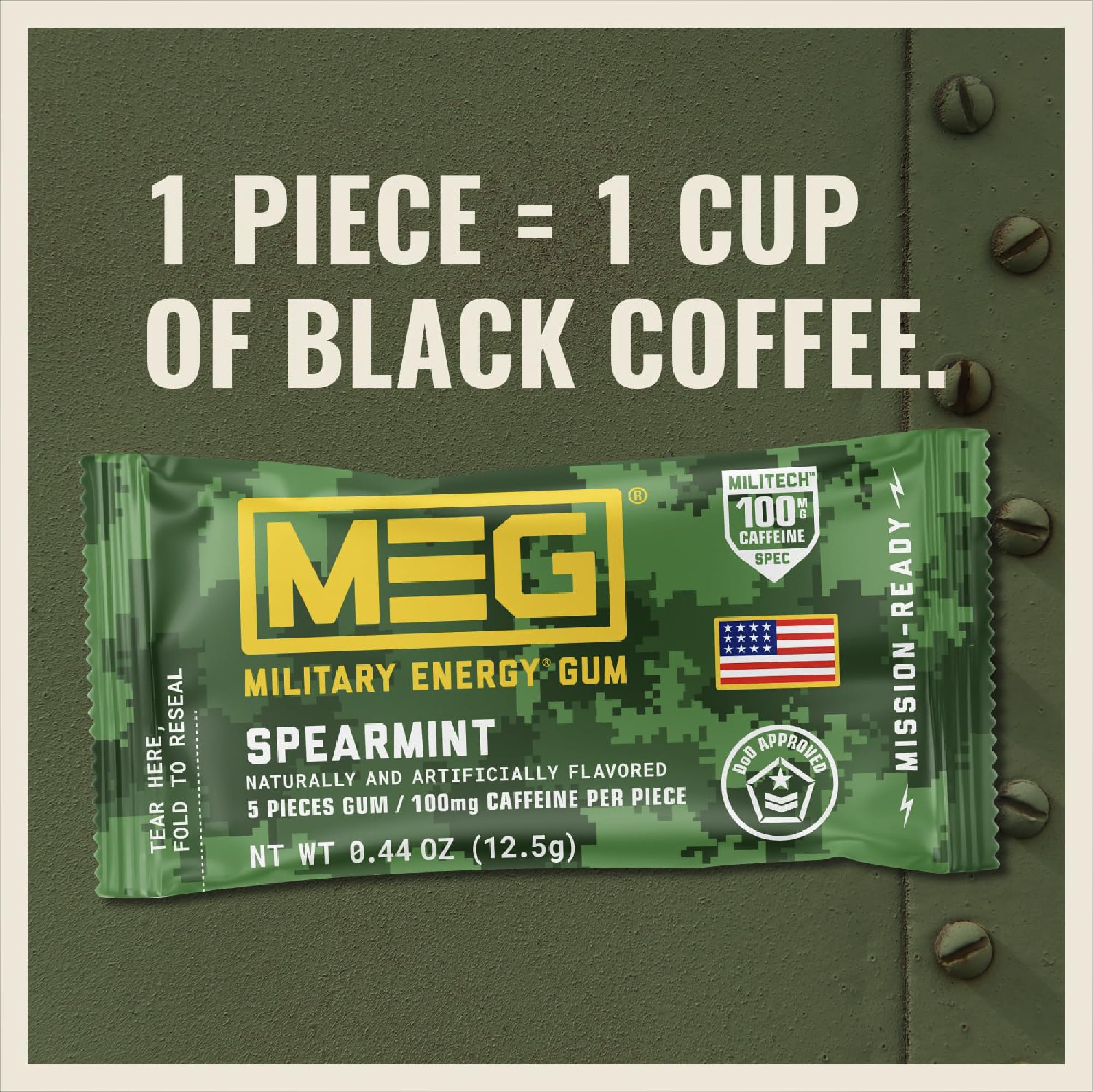 MEG - Military Energy Gum | 100mg of Caffeine Per Piece + Increase Energy + Boost Physical Performance + Multi Flavors of Arctic Mint, Spearmint