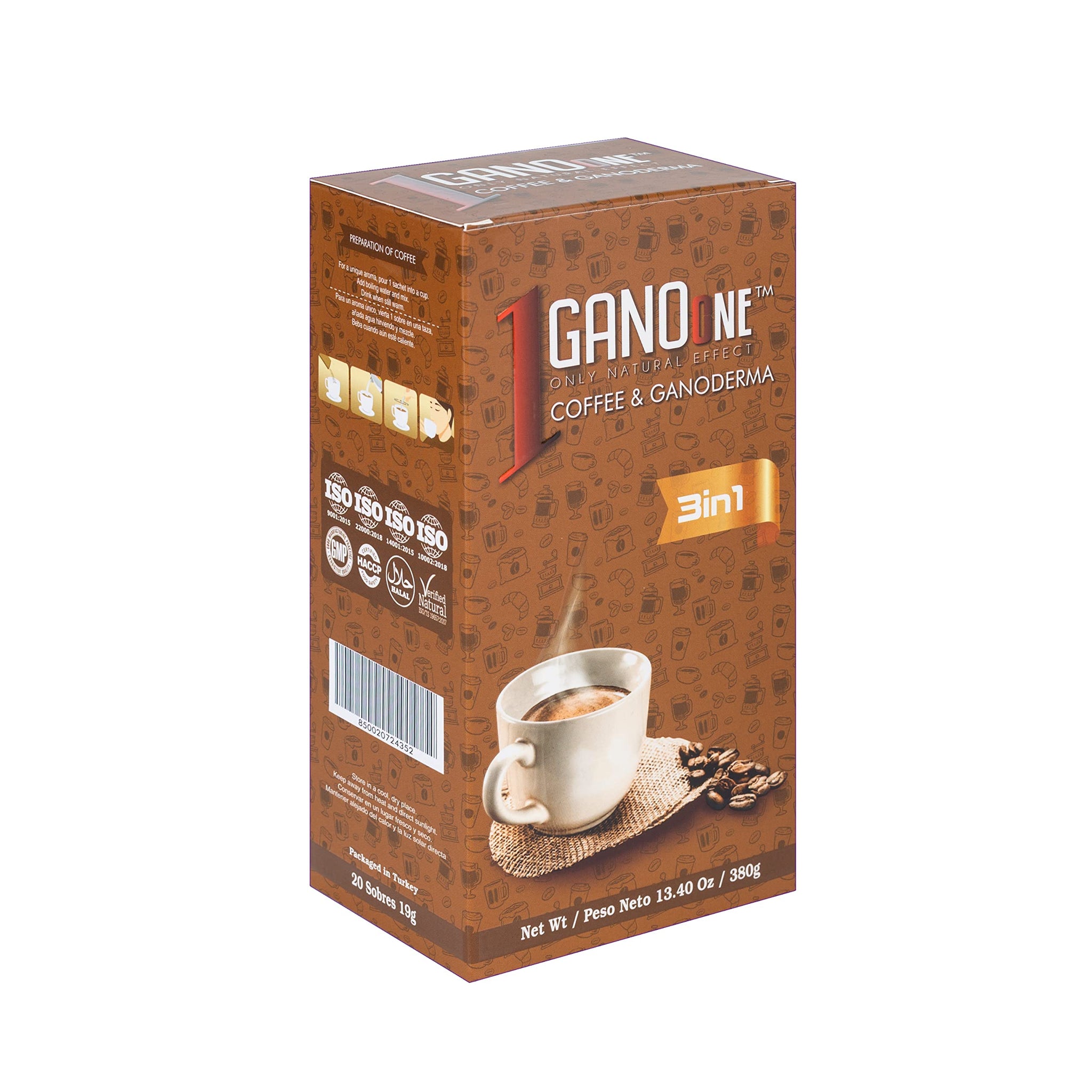 GanoOne 3 in 1 Reishi Mushroom Instant Coffee with Organic Ganoderma, Creamer & Sugar - 20 Boxes (400 Single-Serve Sachets)