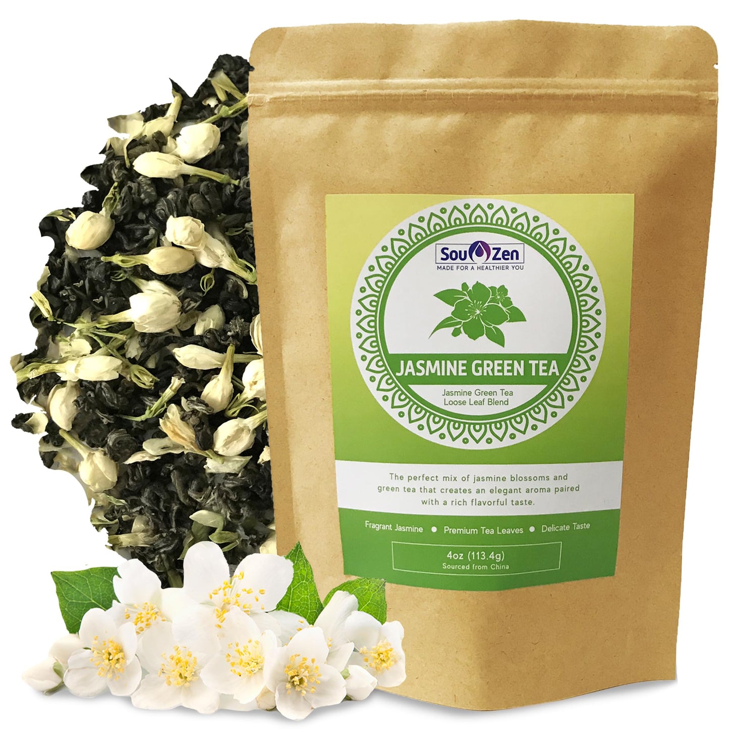 Sou Zen Jasmine Green Tea Loose Leaf Blend, 4oz | Green Tea Leaves with Jasmine Flowers | Fragrant Loose Leaf Jasmine Tea | Resealable Pouch | No