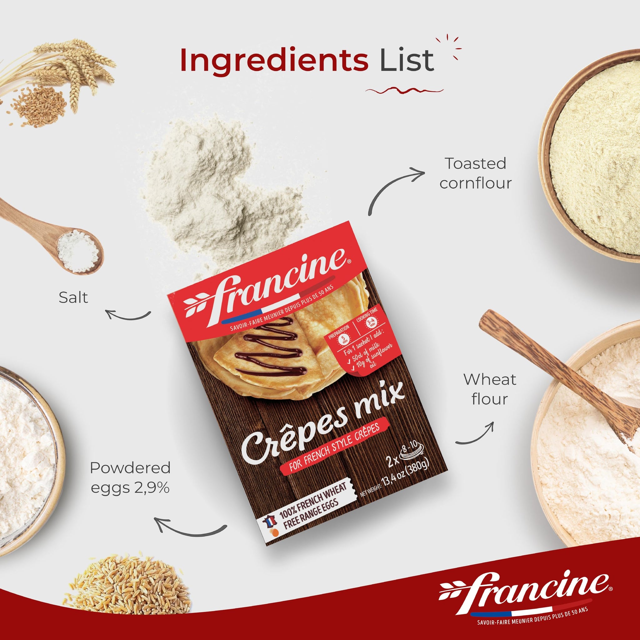 Francine French Crepe Mix - Makes 20 French Crepes | Just Add Water, Imported from France, 13 oz
