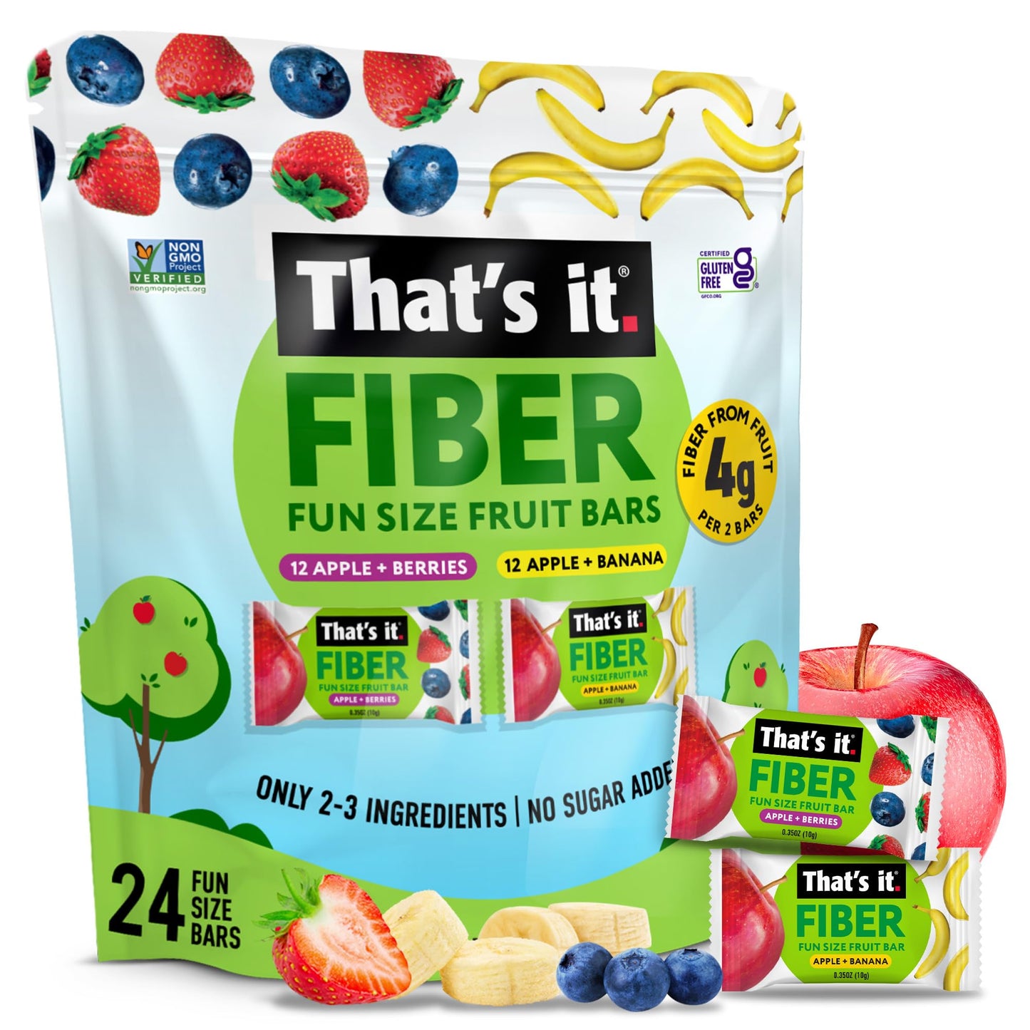 That’s it. Fiber Snacks for Kids - Fiber Fun Size Fruit Bar Variety Pack (Mixed Berries + Banana), 4g Fiber from Fruit per 2 Bars, No Added Sugar, 2-4