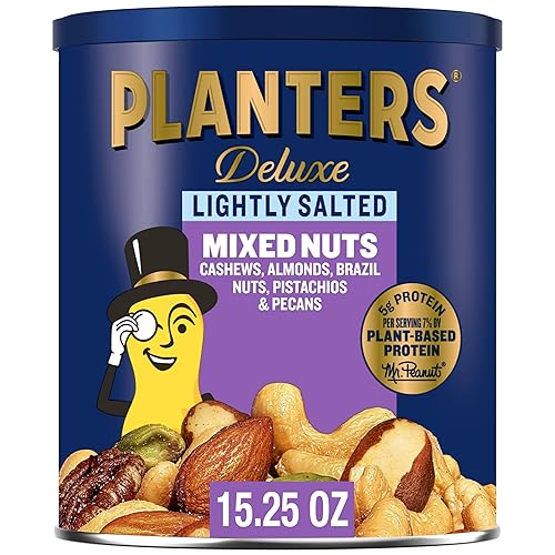 PLANTERS Deluxe Mixed Nuts, Cashews, Almonds, Brazil Nuts Mix, Pistachios, Pecans, Lightly Salted, Snacks for Adults and Kids, Party Snack, 15.25oz