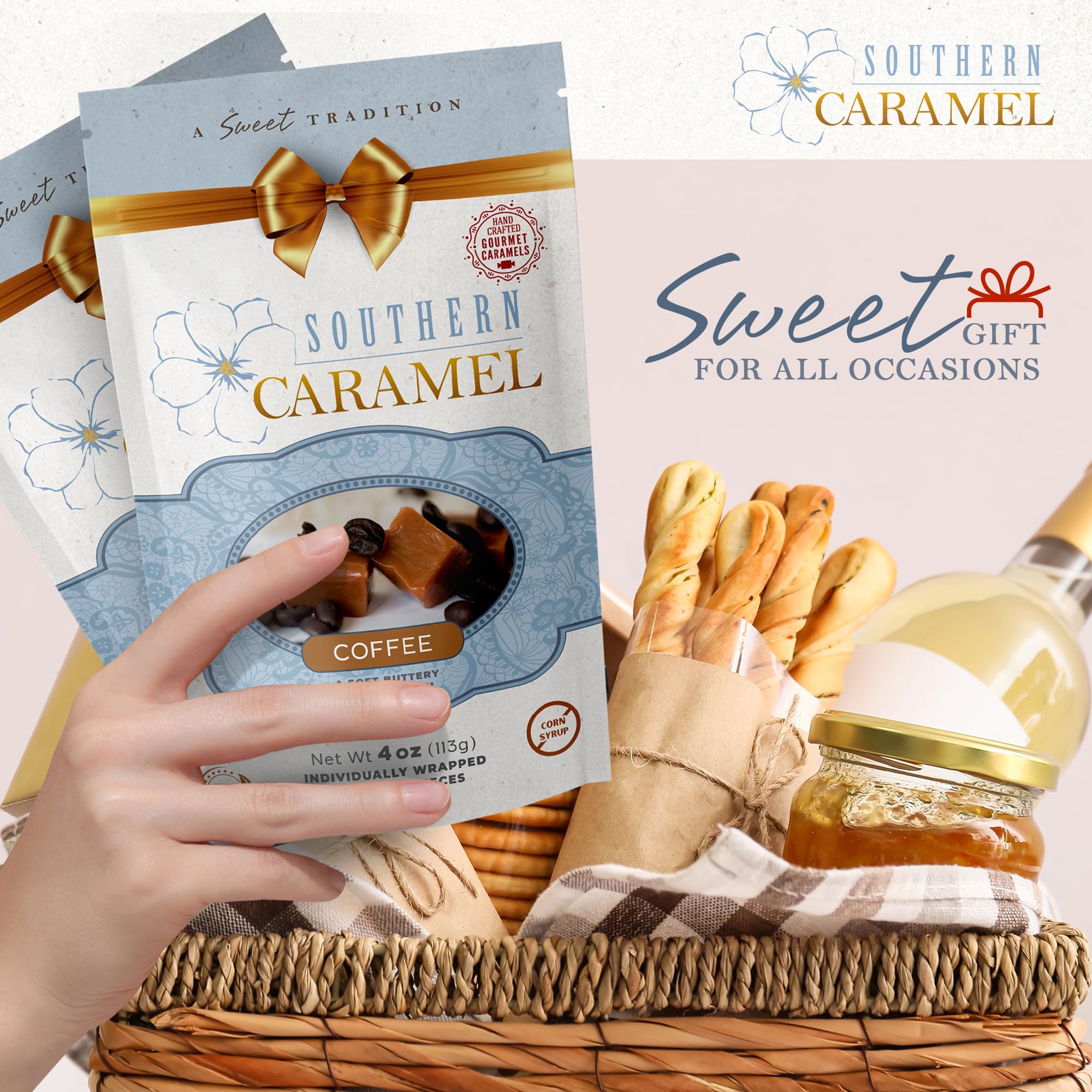 Southern Caramel Coffee Caramels, Soft Buttery Gourmet Caramel Candy Infused with Rich Coffee Flavor, Handcrafted, Small Batch, Gluten Free, No Corn