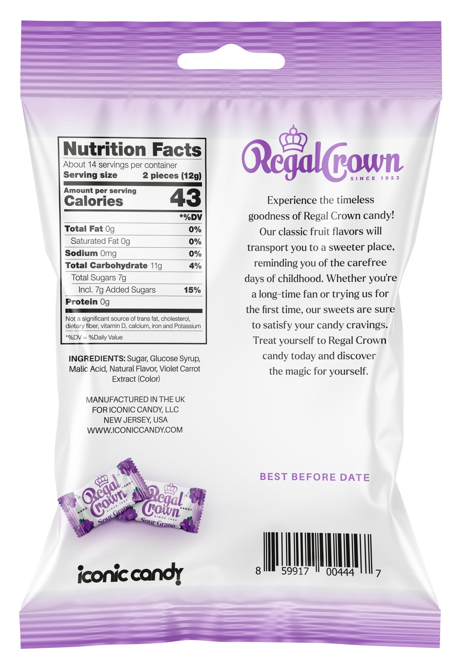 Regal Crown Sour Grape Candy | Traditional Sour Grapes Candy | Tart and Tangy Old Fashioned Sour Grape Hard Candy Brought To You By Iconic Candy |