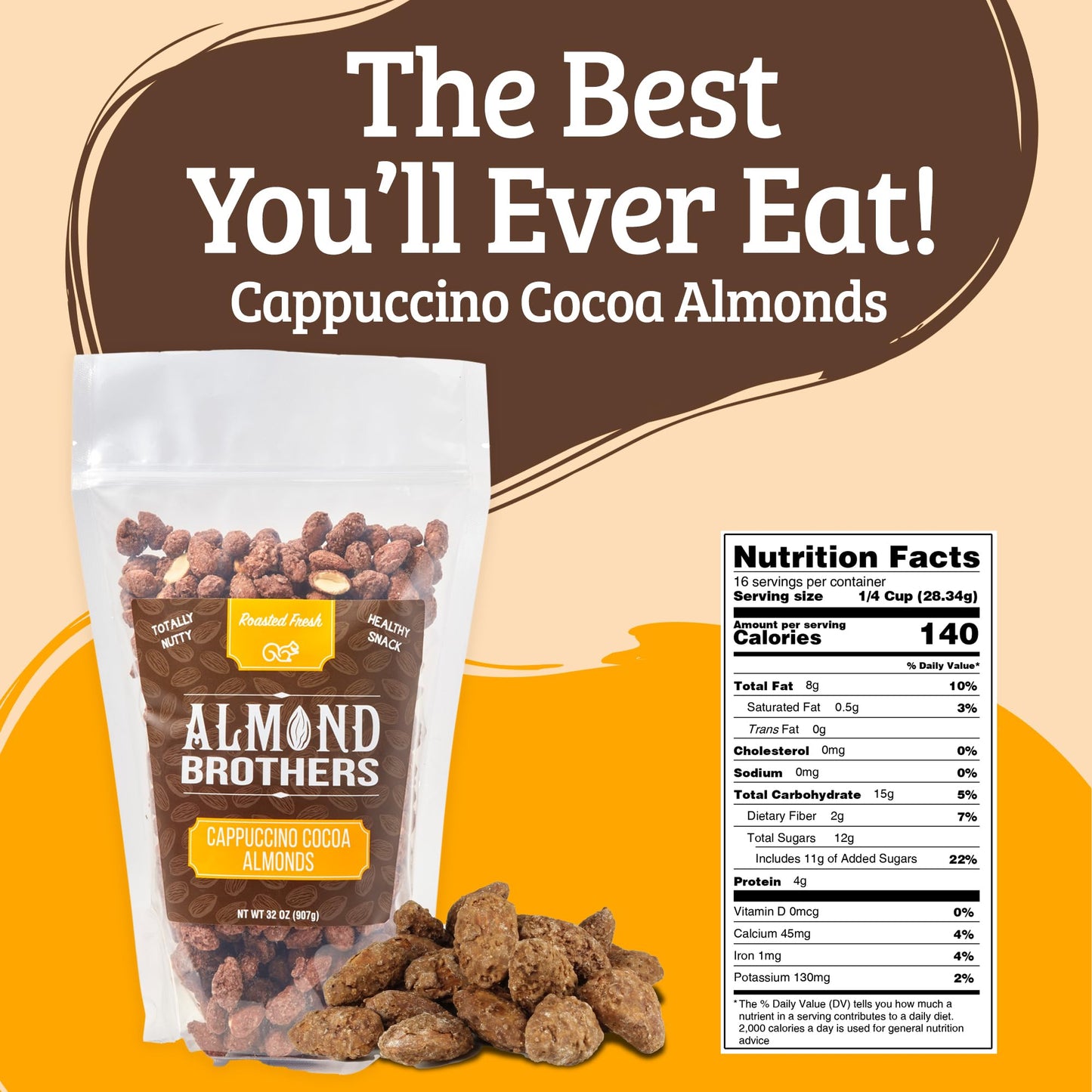 Almond Brothers Roasted Almonds - 2 lb bag - Hand Crafted Cappuccino & Cocoa Almonds, Gluten-Free, Non-GMO