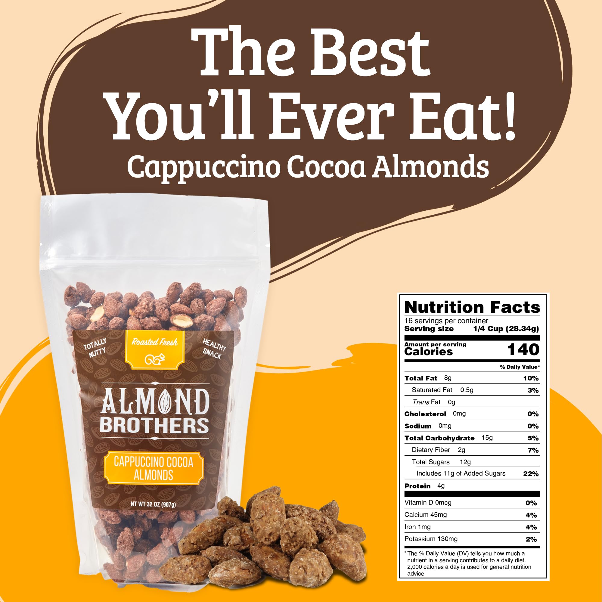 Almond Brothers Roasted Almonds - 2 lb bag - Hand Crafted Cappuccino & Cocoa Almonds, Gluten-Free, Non-GMO