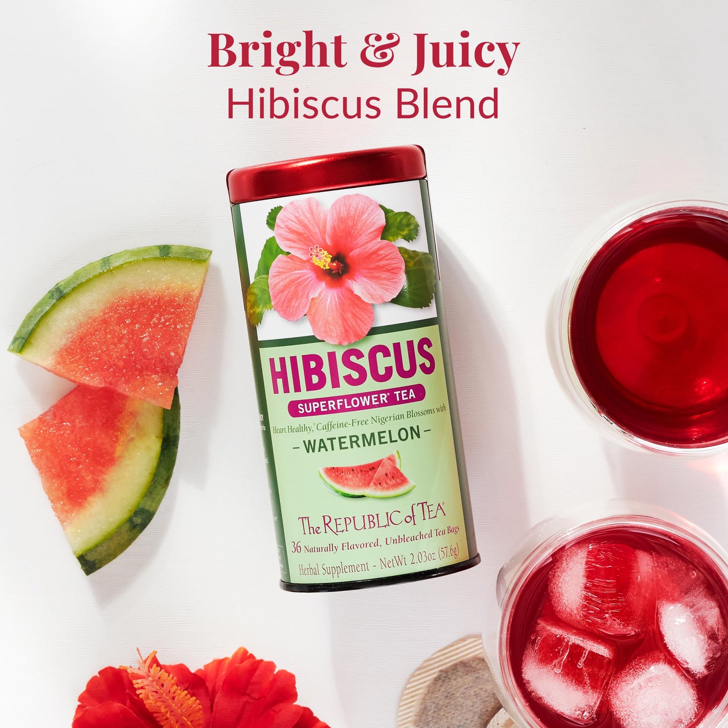 The Republic of Tea Hibiscus Watermelon Superflower Herbal Tea, 36 Tea Bags, Citrus Berry Flavored Tea