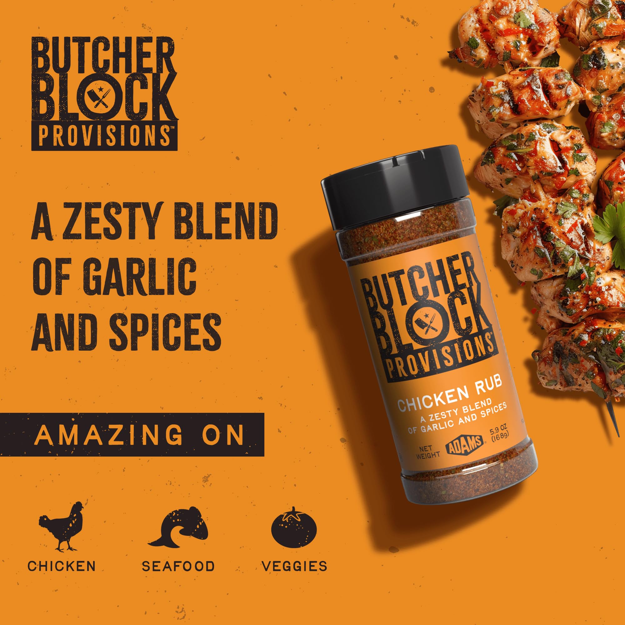 Butcher Block Provisions - Chicken Rub - Zesty Garlic & Spice Blend for Poultry - Sea Salt, Lemon Peel, Chili Powder, Seasoning - 5.9 oz