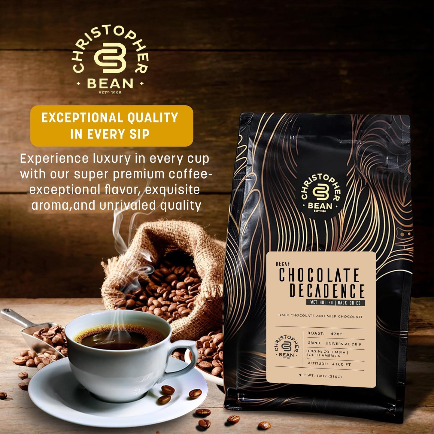 Christopher Bean Coffee - Certified Kosher - Decaf Ground Universal Drip Chocolate Decadence Flavored Coffee| Flavored Coffee with Medium Roast 100%