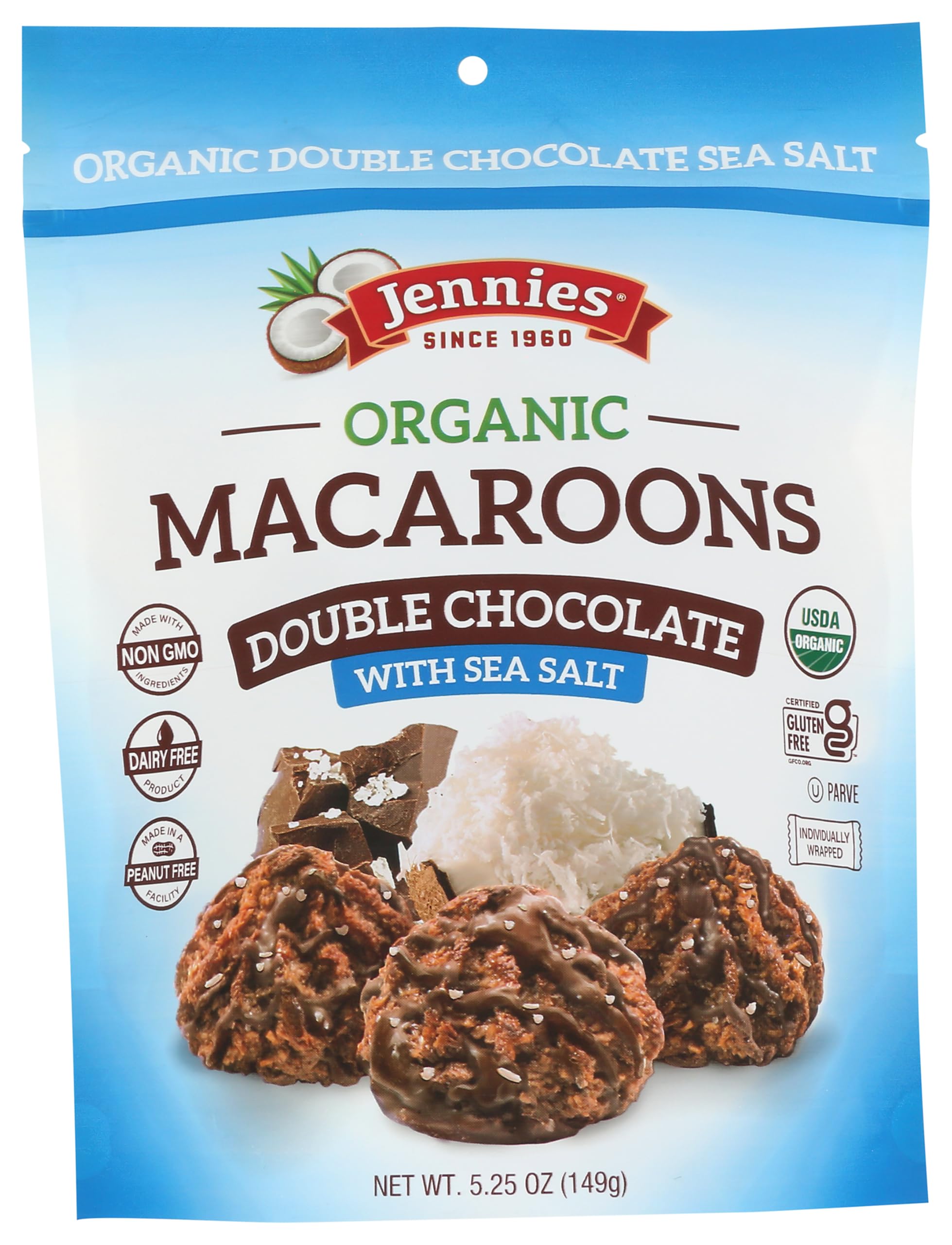 Jennies Organic Double Chocolate Macaroons with Sea Salt, 5.25oz | Dairy Free | Gluten Free | Peanut Free | Individually Wrapped
