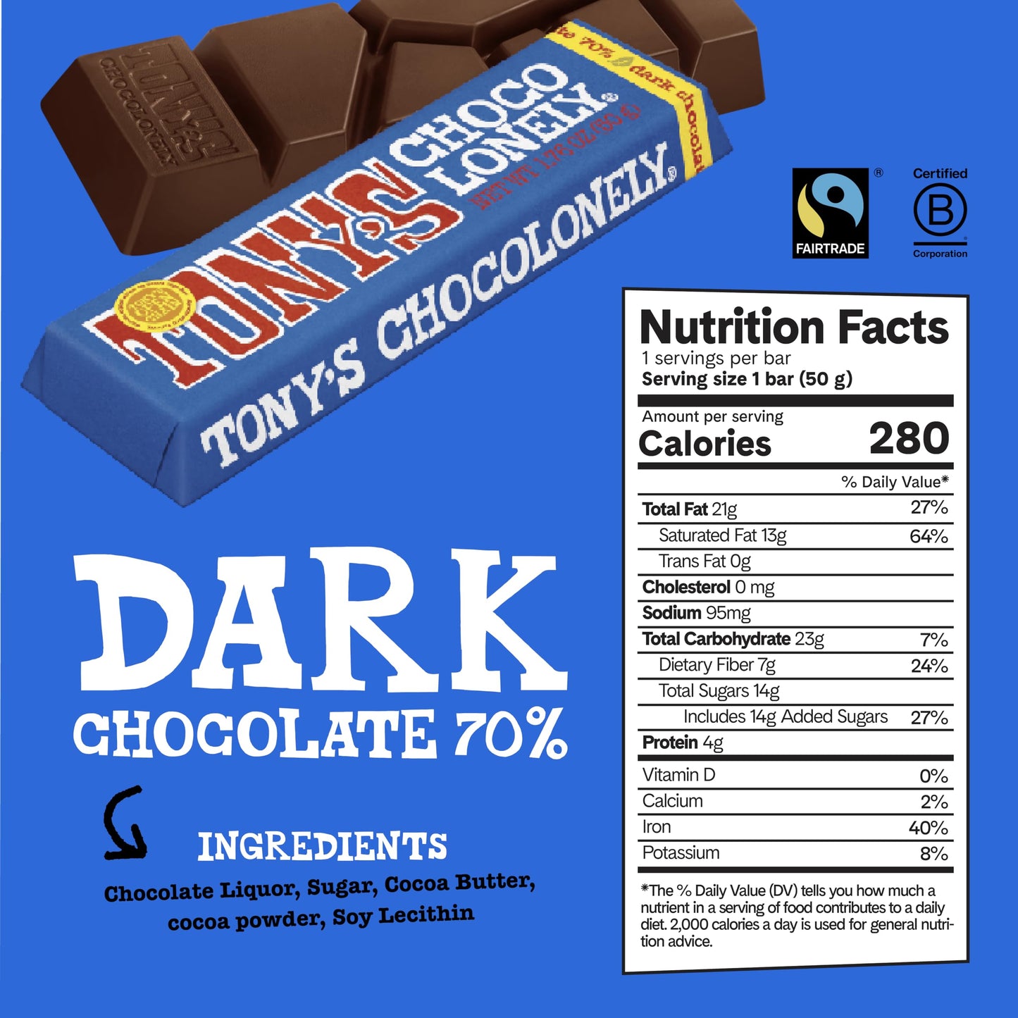 Tony’s Chocolonely Belgian Dark Chocolate Candy Bar, Pure Chocolate Bars for Snacks, Party Favors, Gifts, or Gift Basket, Vegan, 70% Cacao, Made From