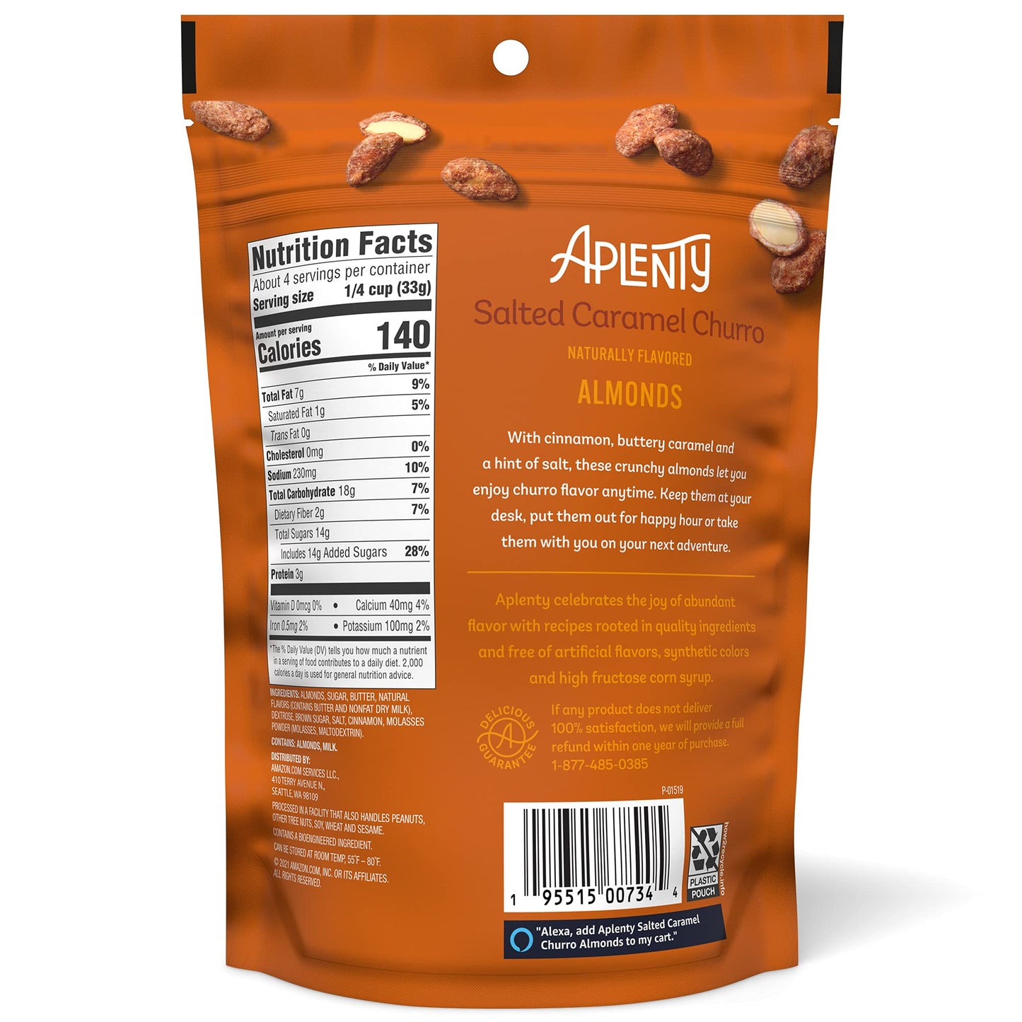 Amazon Brand - Aplenty, Salted Caramel Churro Almonds, 4.5 oz