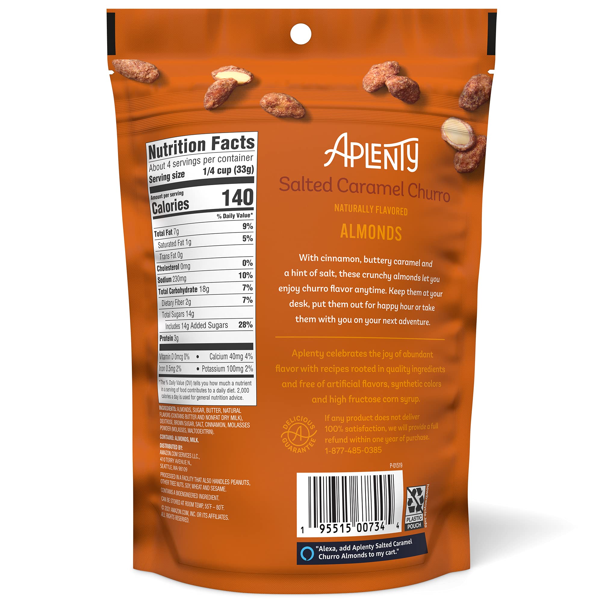 Amazon Brand - Aplenty, Salted Caramel Churro Almonds, 4.5 oz