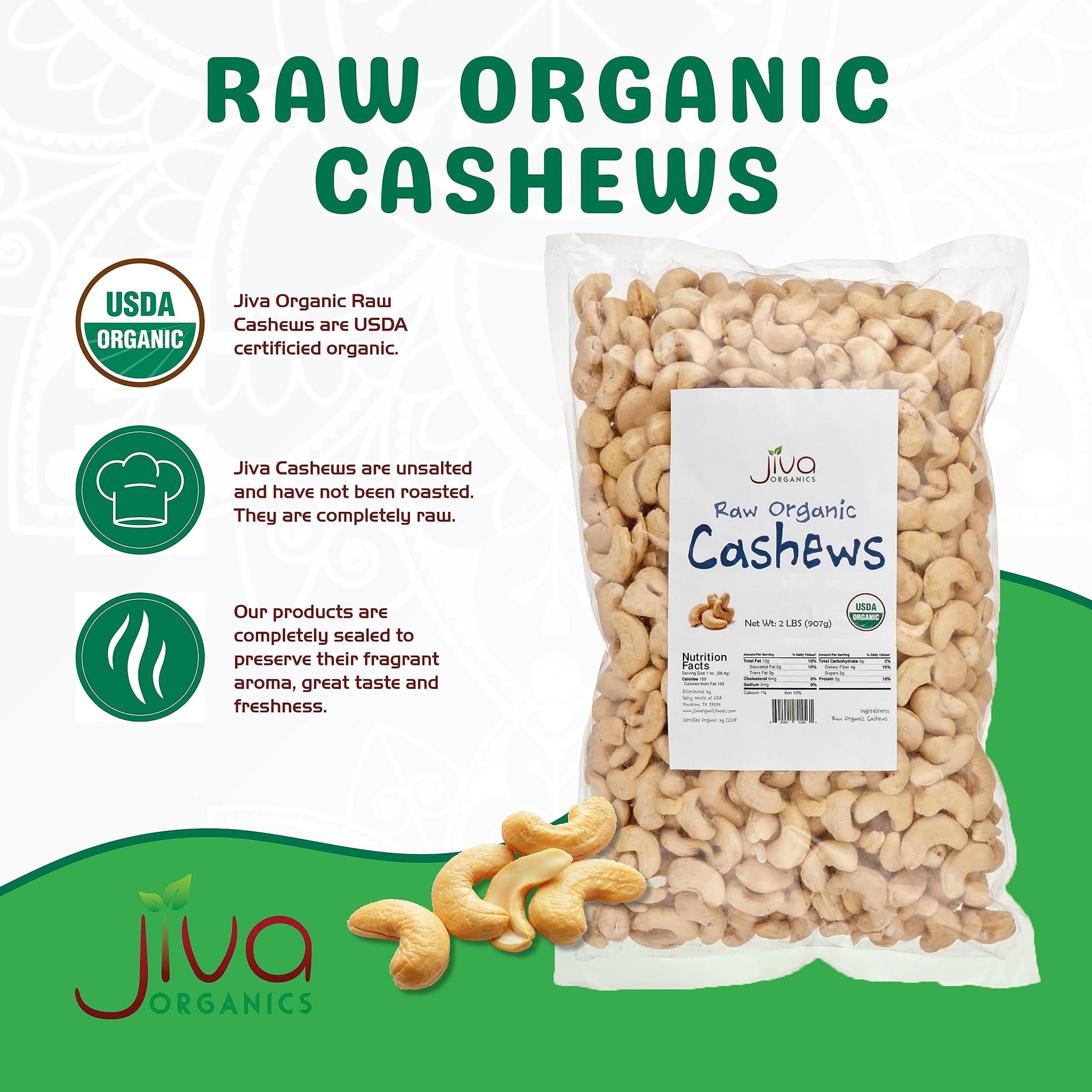 Organic Raw Cashews 2 LB Bag, Gluten-Free, Non-GMO, Vegan, Whole Raw Nuts, Unsalted, Unroasted, Crunchy & Healthy Snack, For Baking & Cooking by Jiva