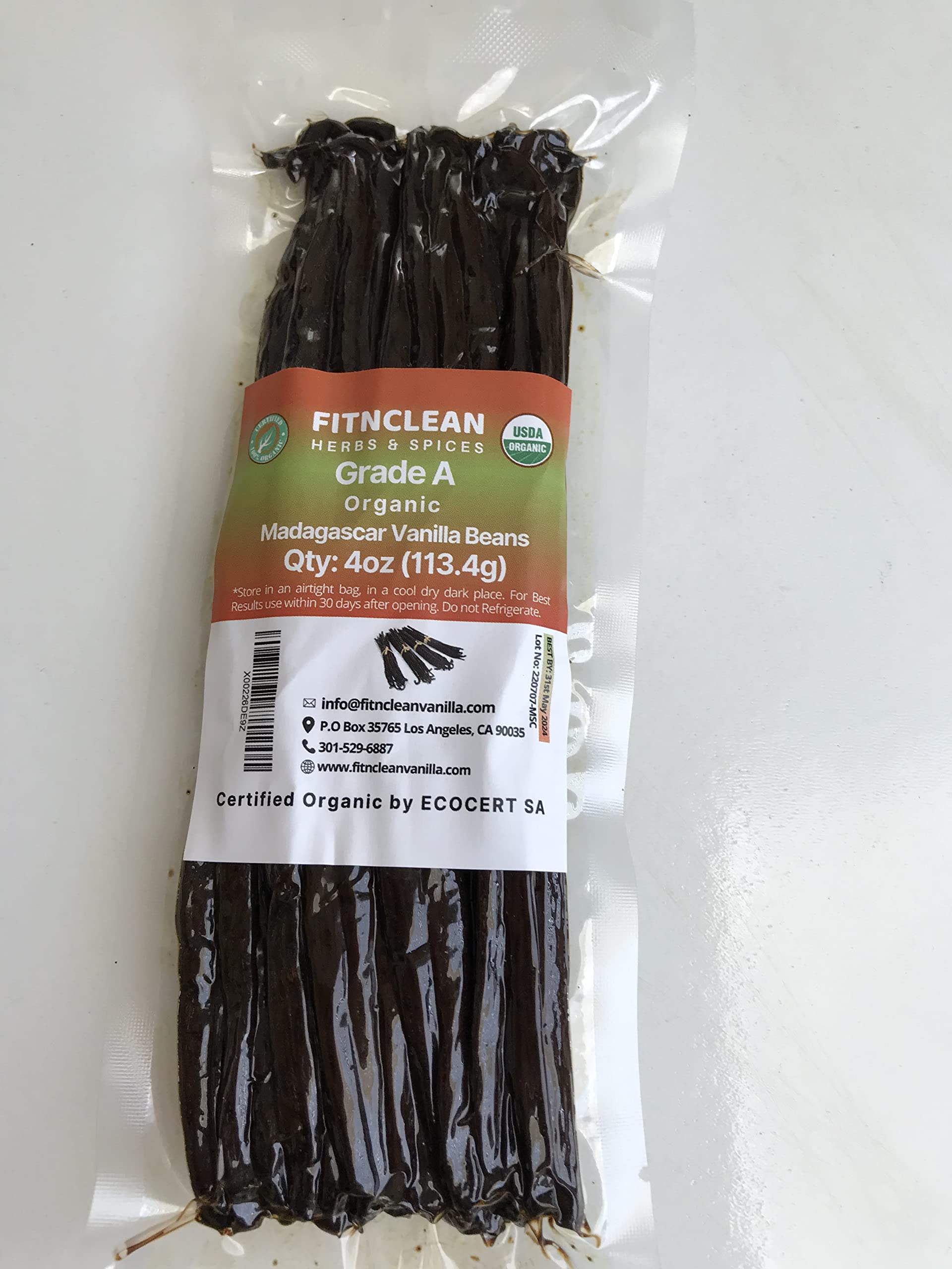 4oz Organic Madagascar Vanilla Beans Grade A. Certified USDA Organic. 6"-8" by FITNCLEAN VANILLA. Bulk for Extract, Cooking and Baking by the Weight