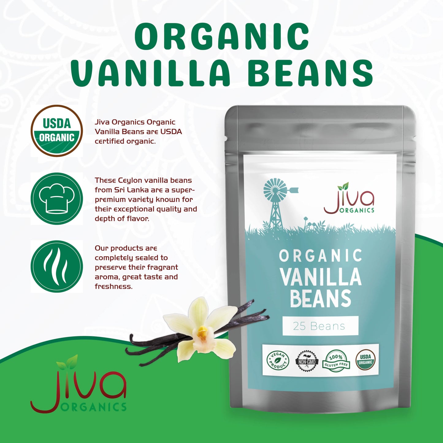 Jiva Organic Vanilla Beans 25 Count Large - Premium Grade A Ceylon Pods from Sri Lanka - Non-GMO, All-Natural, Hand-Cured for Baking, Cooking