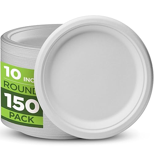 Munfix 100% Compostable Paper Plates 150 Pack, 10 Inch Heavy Duty Biodegradable Microwavable Disposable White Dinner Plates, Made of Eco-Friendly