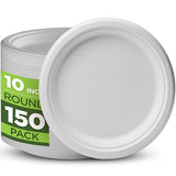 Munfix 100% Compostable Paper Plates 150 Pack, 10 Inch Heavy Duty Biodegradable Microwavable Disposable White Dinner Plates, Made of Eco-Friendly