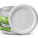 Munfix 100% Compostable Paper Plates 150 Pack, 10 Inch Heavy Duty Biodegradable Microwavable Disposable White Dinner Plates, Made of Eco-Friendly