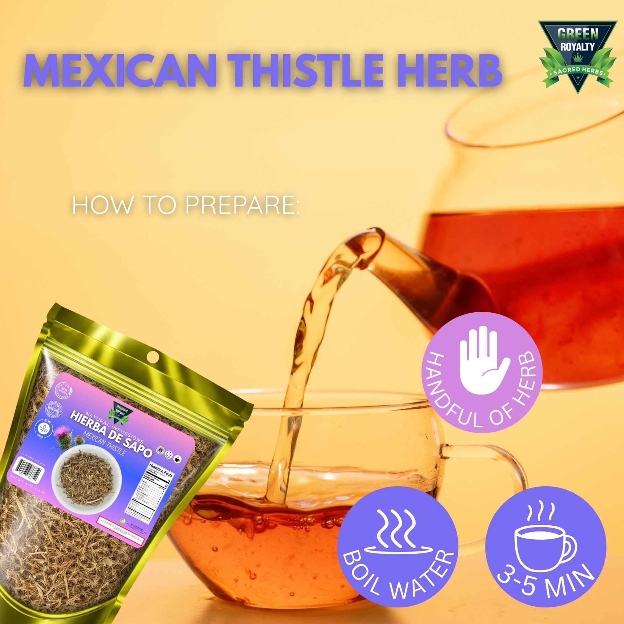 Green Royalty Hierba de Sapo (Mexican Thistle) - Natural Dried Herb for Herbal Tea & Infusions - 4 oz (114 g) Resealable bag