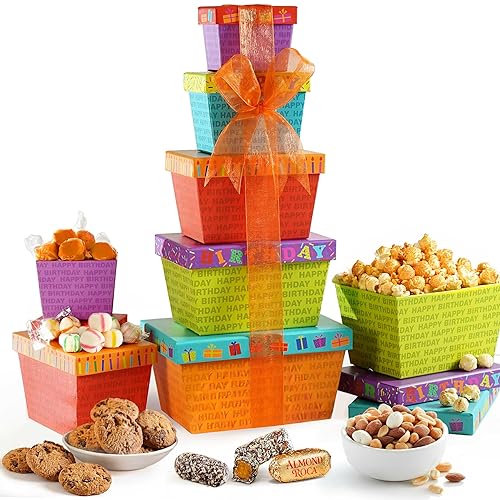 Broadway Basketeers Gourmet Food Gift Basket Tower for Birthdays - Curated Snack Box, Sweet and Savory Treats for Parties, Best Wishes, Birthday